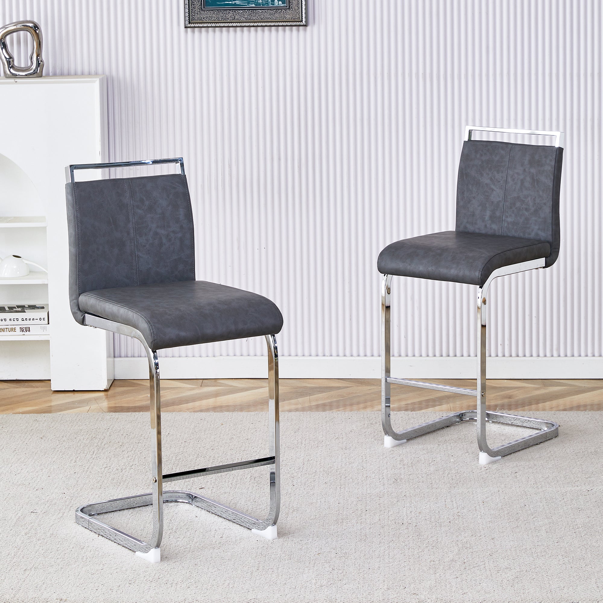 Bar Stools, High-Quality Nordic Style Set of 2, Grey PU