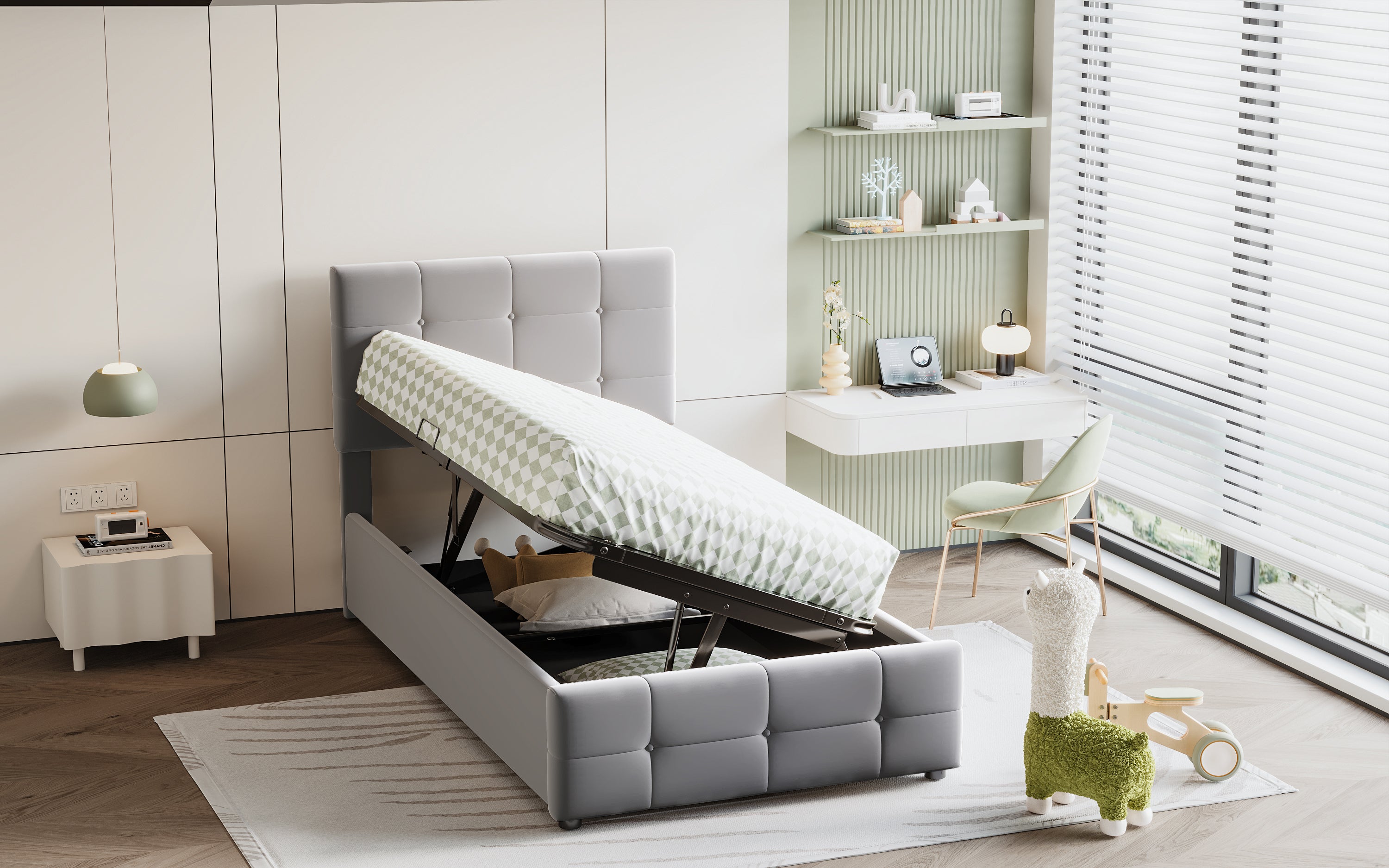 Children's Bed 90x200cm, Hydraulic Storage, Adjustable Headboard, Velvet Grey