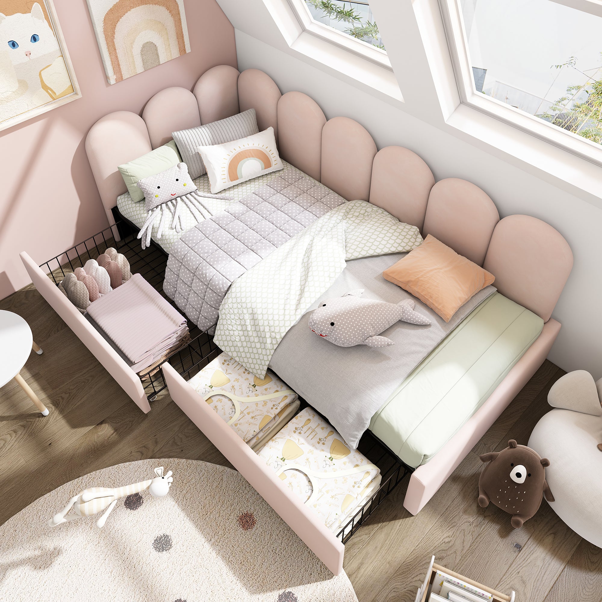 Upholstered Bed, Single with Drawers & Slatted Frame, Velvet Pink