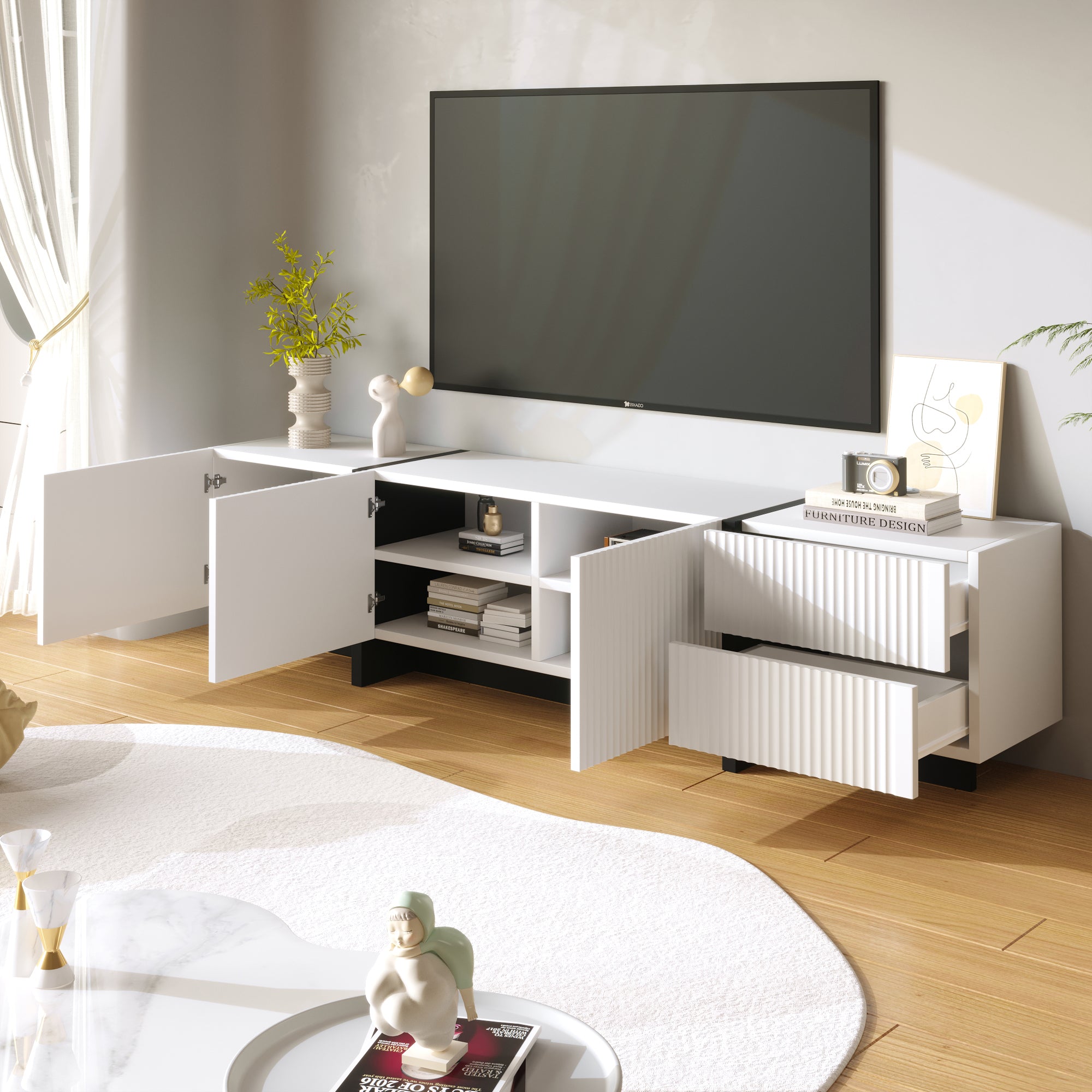 TV Cabinet 190cm 3 Doors 2 Drawers, Black and White