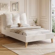 Upholstered Single Bed 90 x 200cm with Slatted Base and Solid Wood Legs, Beige Velvet