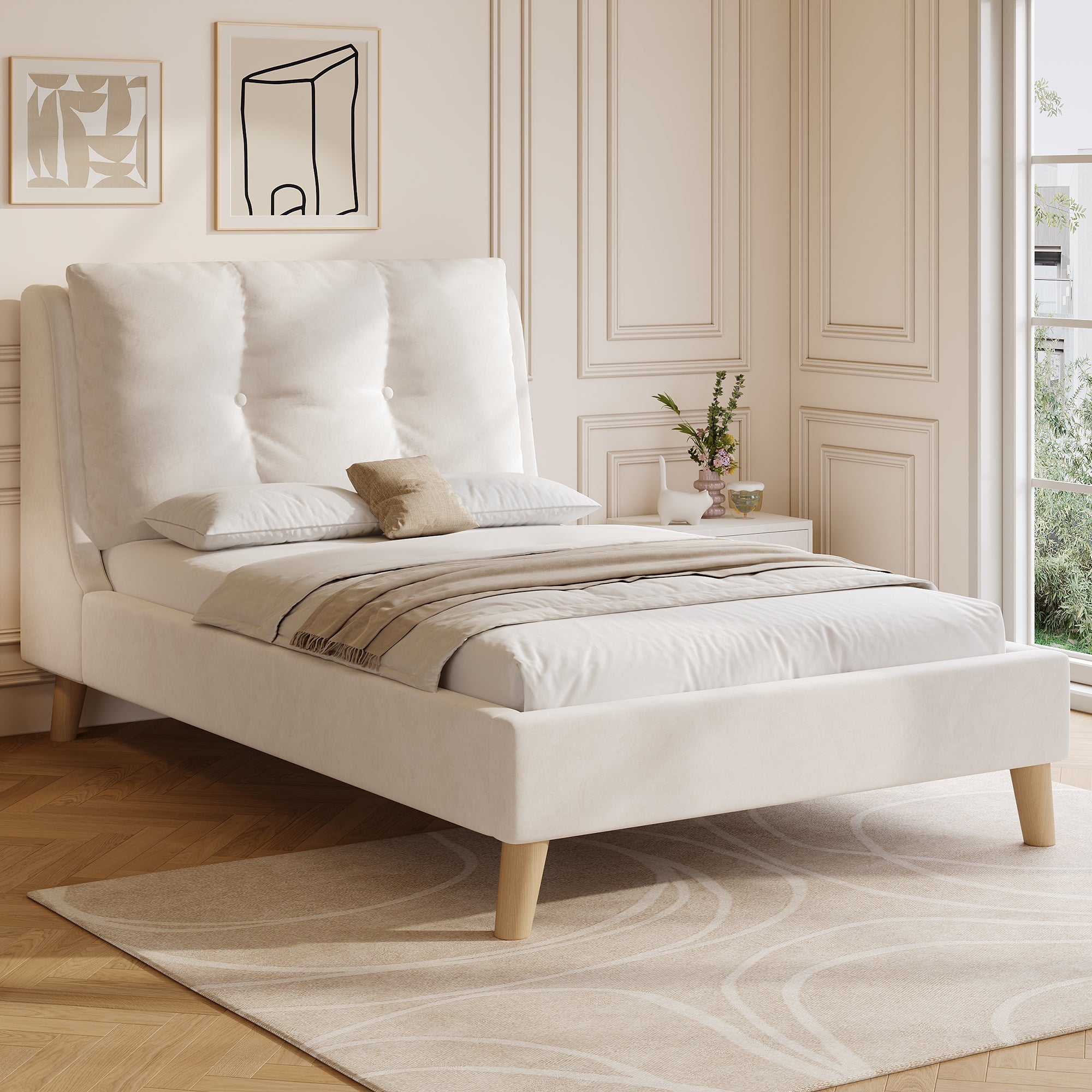 Upholstered Single Bed 90 x 200cm with Slatted Base and Solid Wood Legs, Beige Velvet