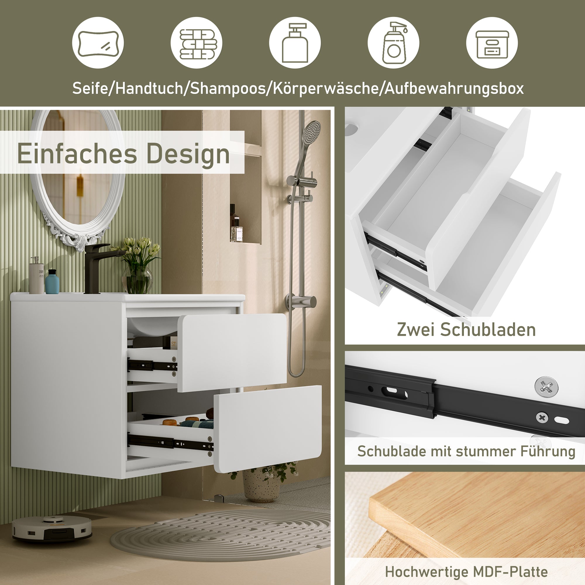 Wall-Mounted Bathroom Vanity Unit with Integrated Sink and LED Radar Sensor Lighting, White