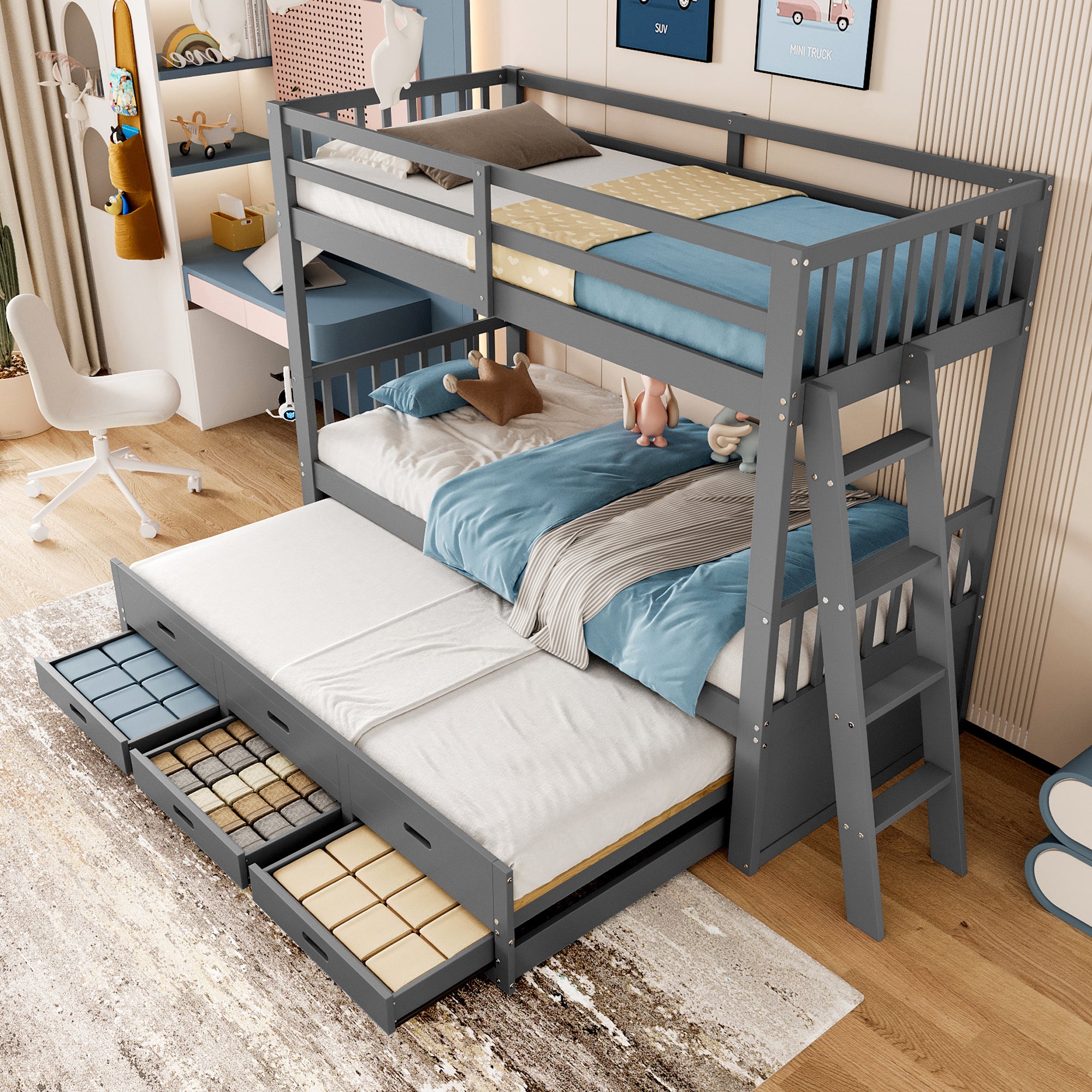 Bunk Bed 90x200cm House with Pull-Out Bed, Ladder & 3 Drawers, Pine Wood/MDF Grey
