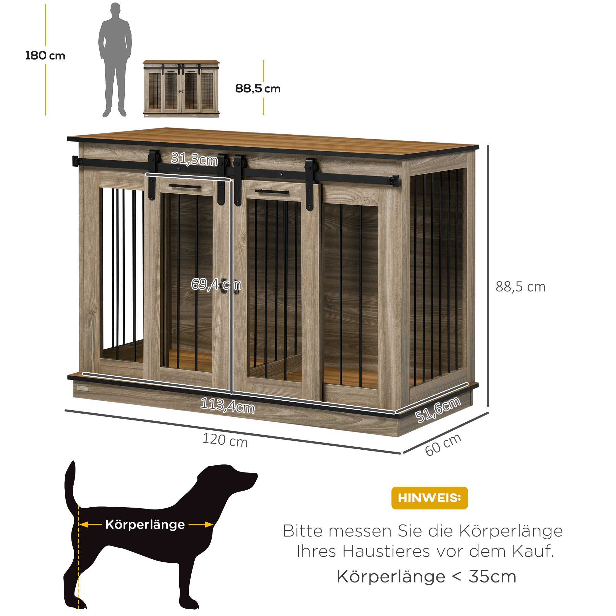 Dog Cage Apartment, 120L x 60W x 88.5H cm, 2 Doors, Oak