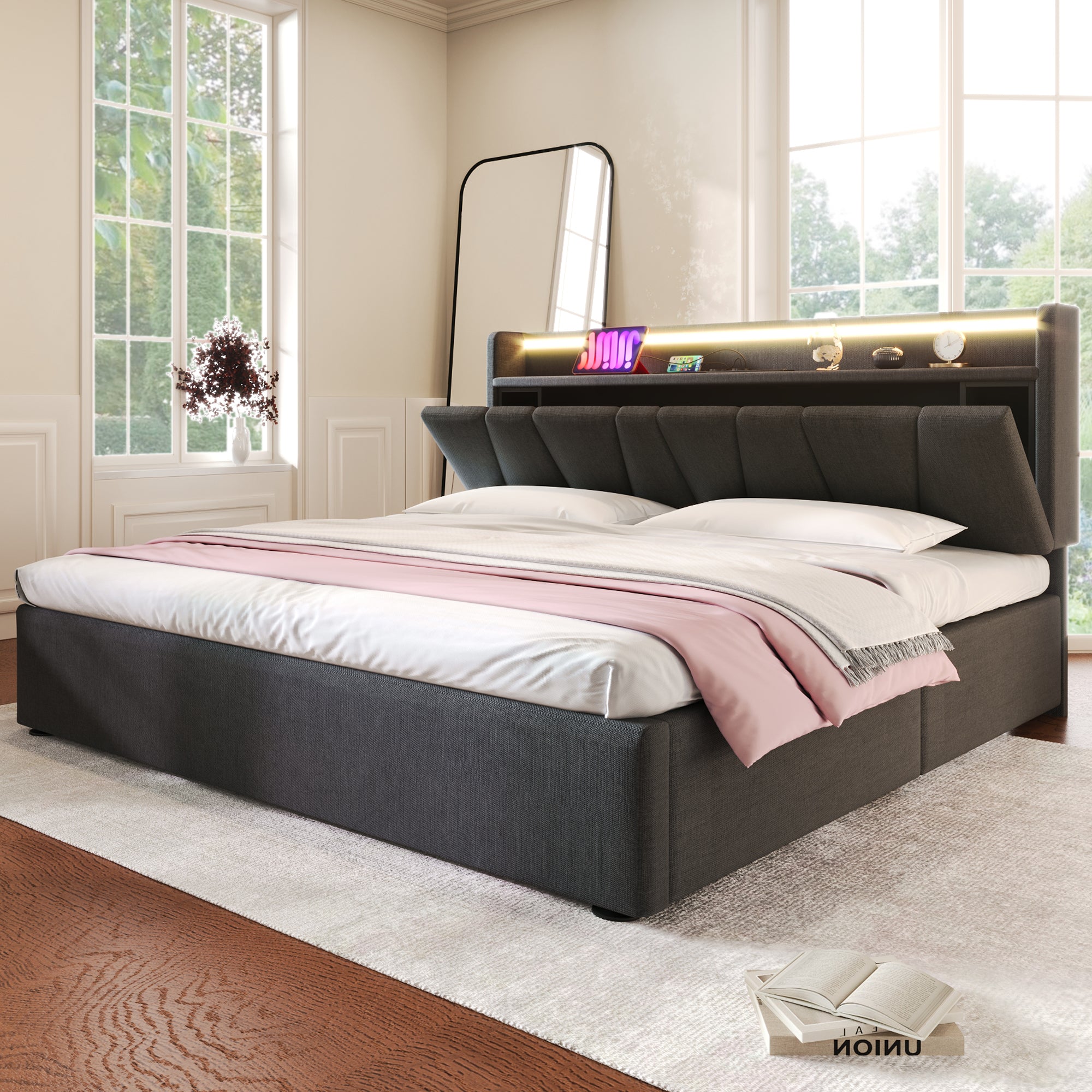 Upholstered Double Bed with USB Charging, LED Lighting & Storage Headboard, Wooden Slatted Frame, Grey
