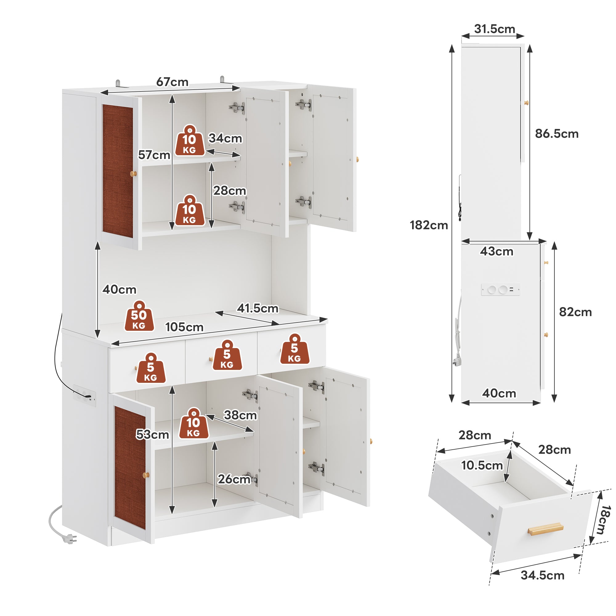Kitchen Sideboard Tall Cabinet with LED & Socket, White Fabric/Solid Wood