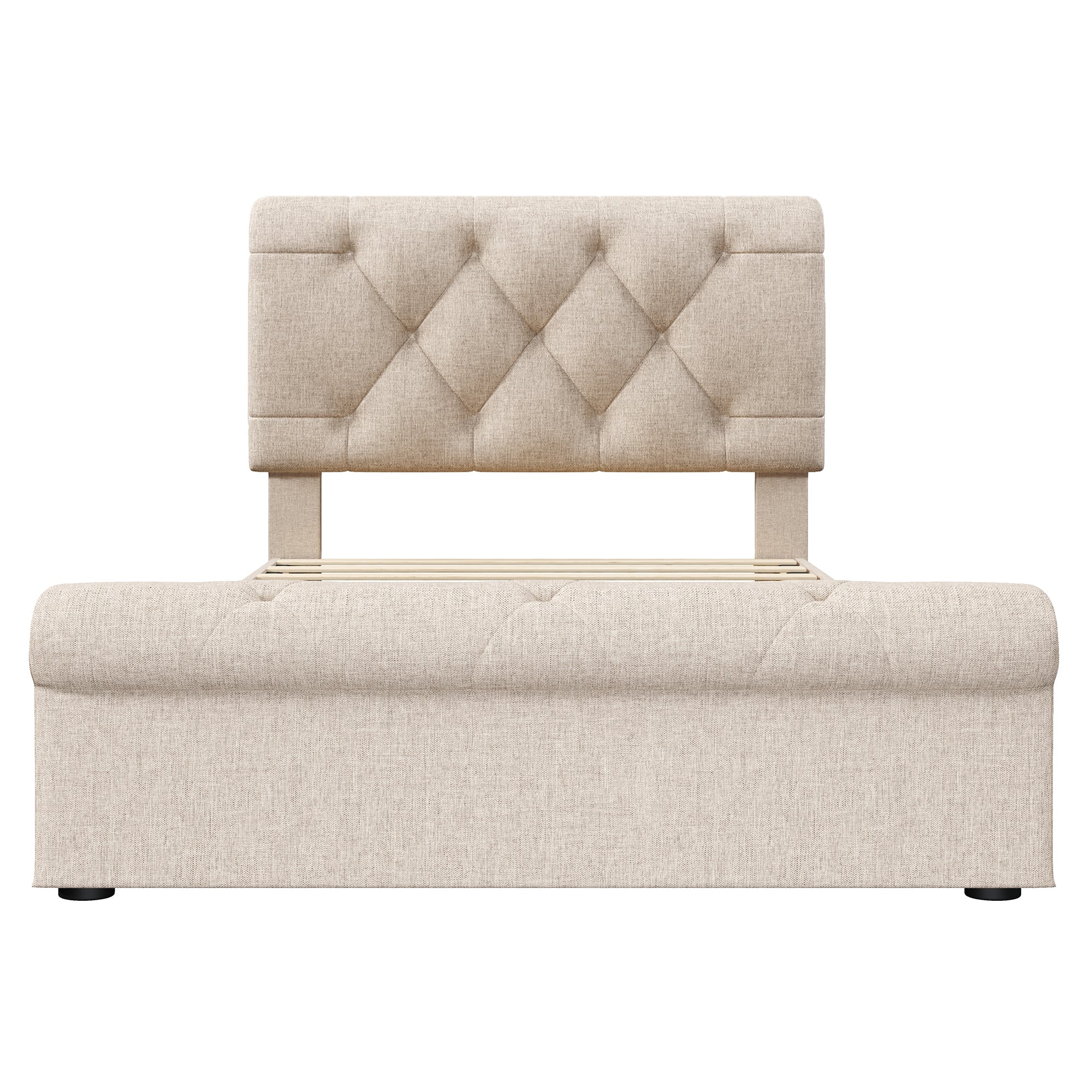 Single Upholstered Bed, 90x200cm with 2 Drawers, Adjustable Headboard, Natural