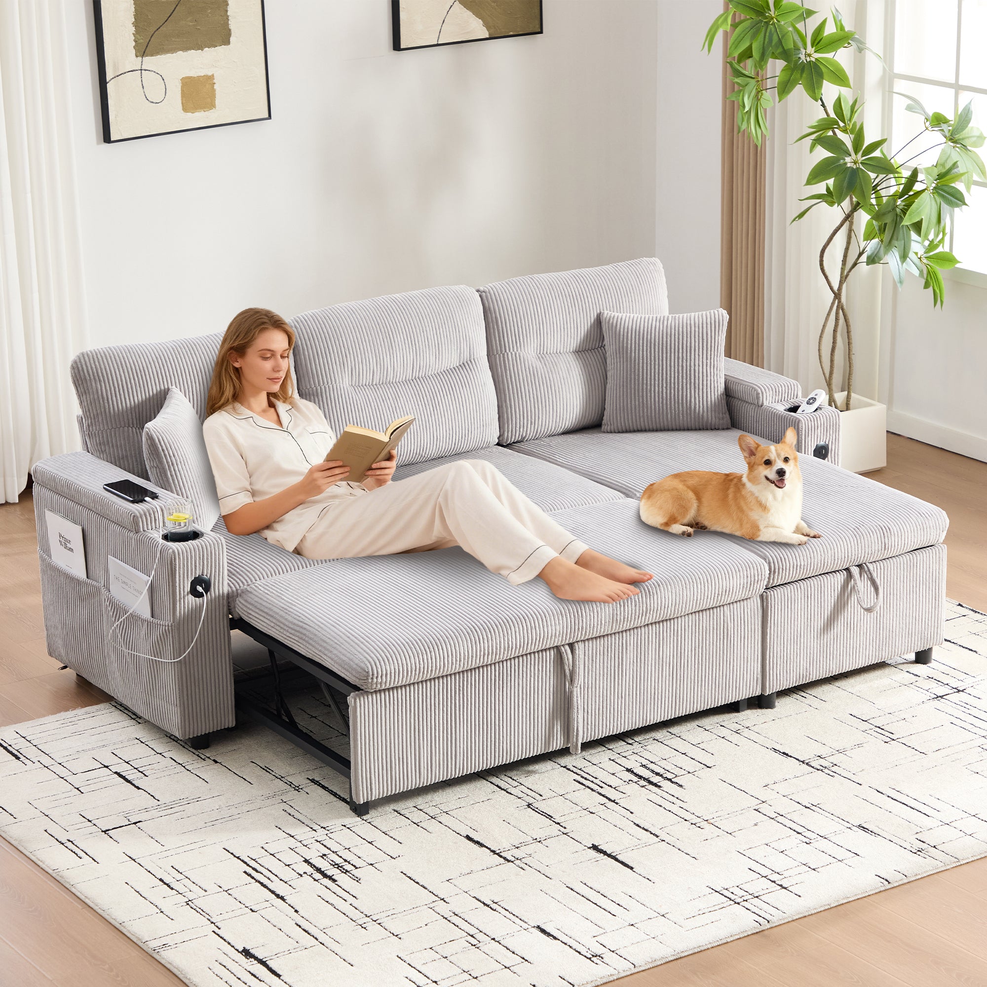 Modern 3-Seater Sofa with Storage, Cup Holders, USB-C and Pull-Out Bed, Corduroy