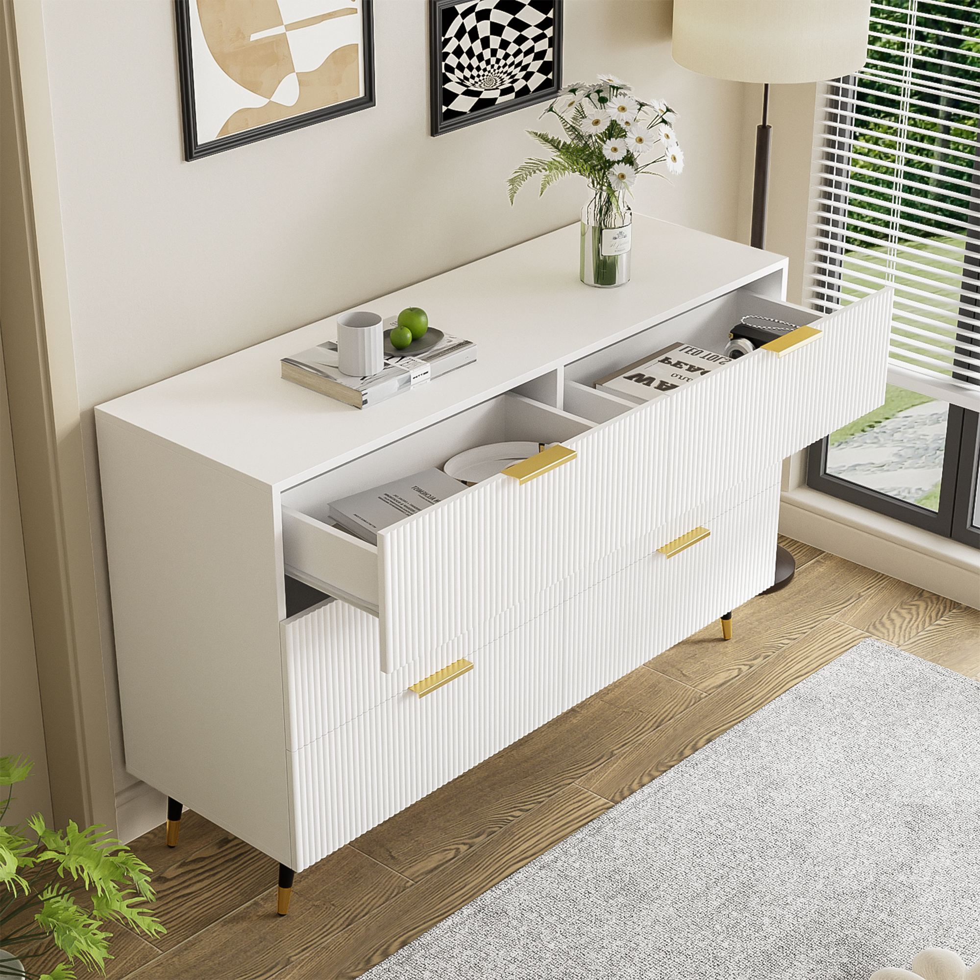 Sideboard, Modern Design Chest of Drawers, Wood, White and Gold