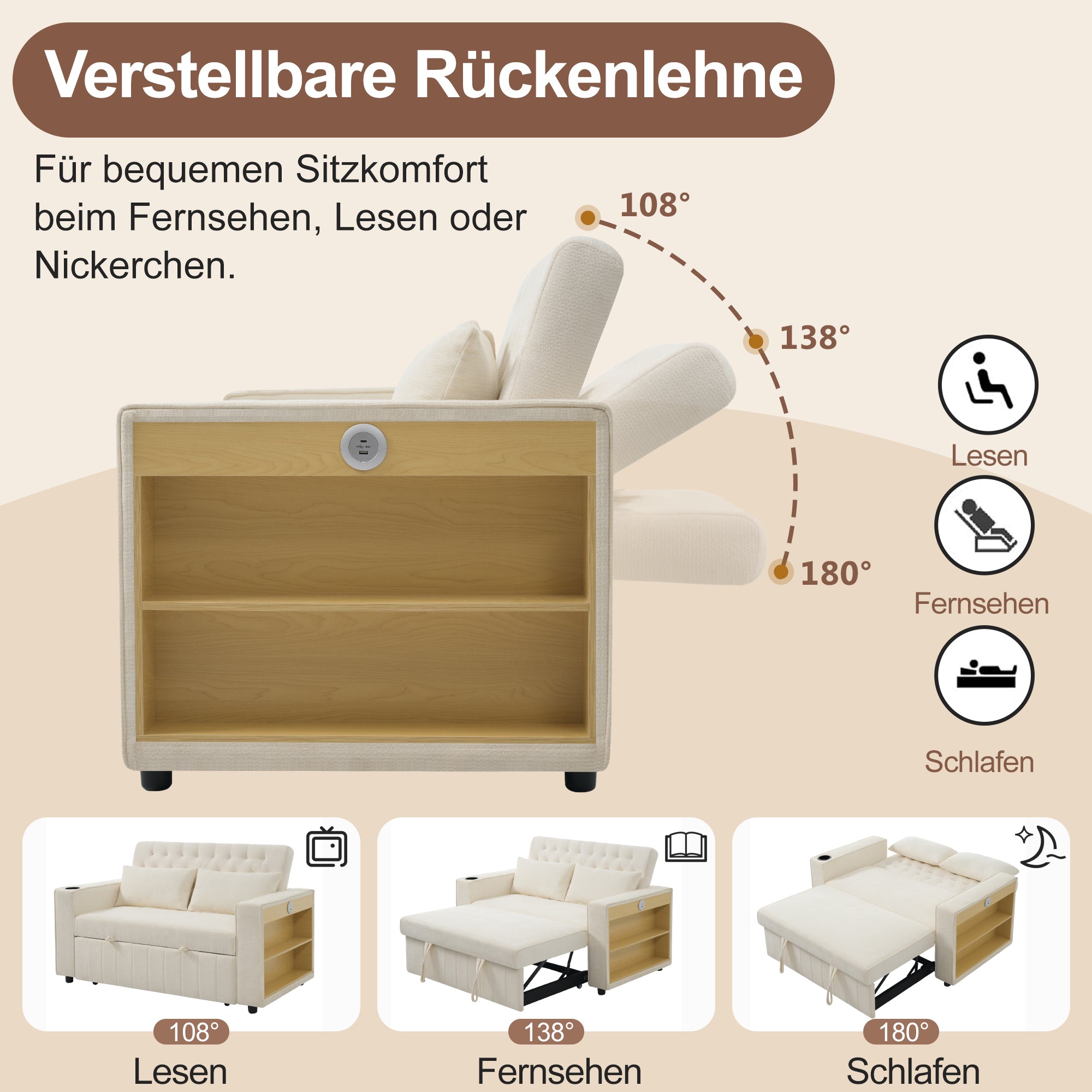 Sofa Bed, Modern Folding with Storage, Cup Holder, USB, Beige