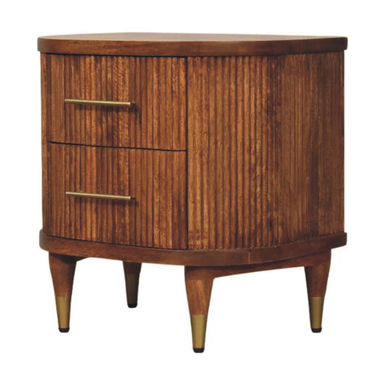 Ribbed Bedside Nightstand with Brass Accents in Mango Wood