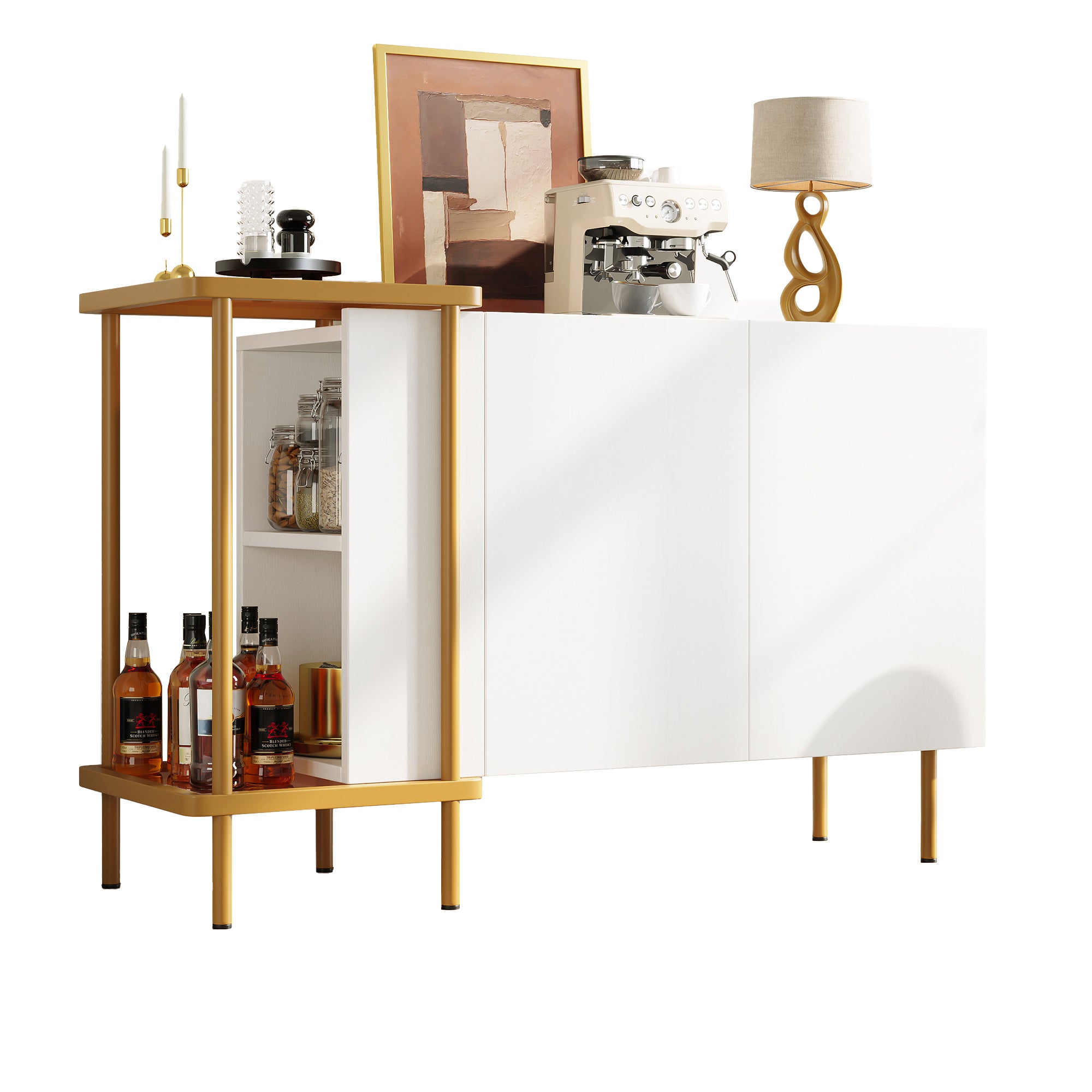 Sideboard Cabinet & Coffee Table, 2 Doors 2 Open Compartments, Metal/Glass White, 120 x 40 x 77.5 cm