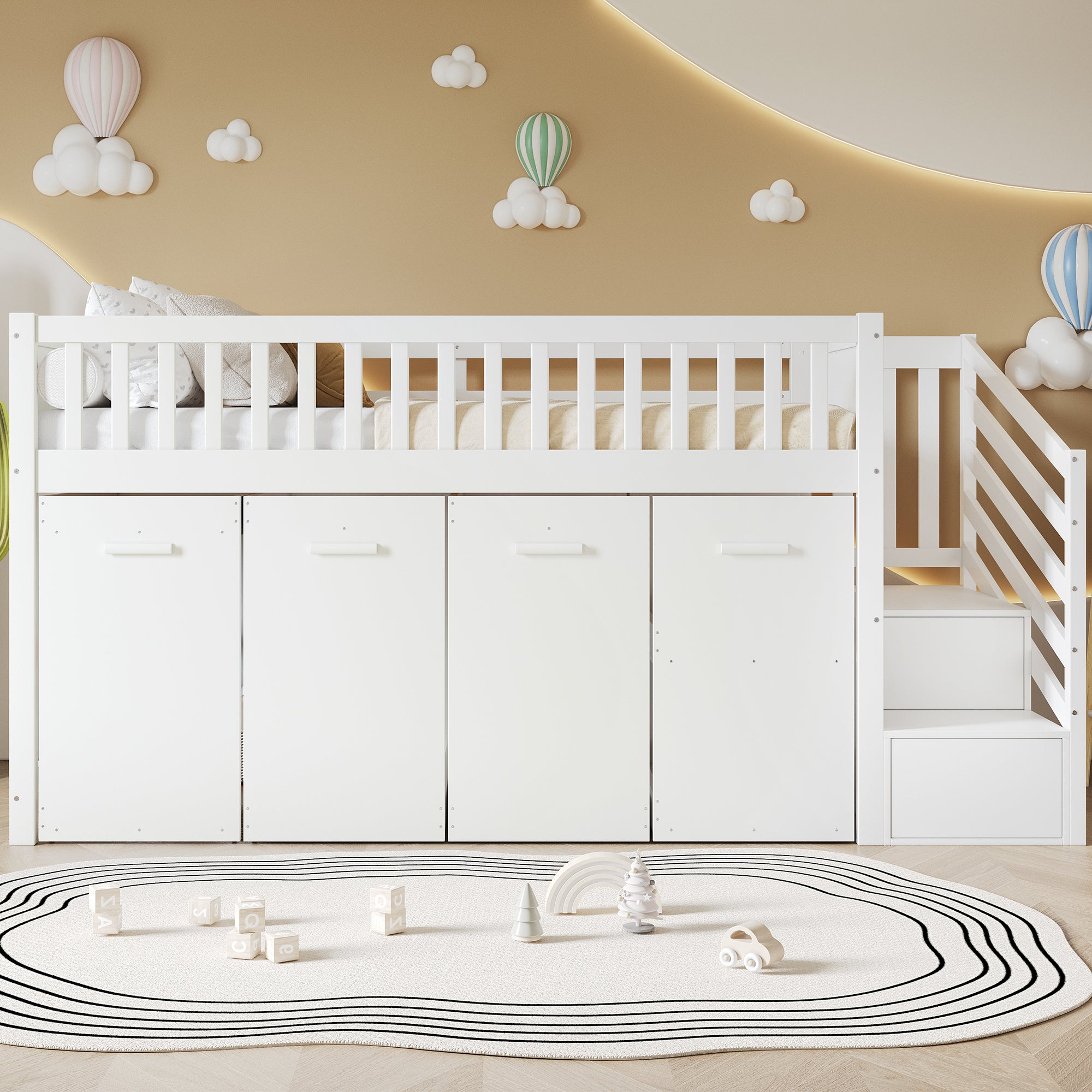 Bunk Bed, Multifunctional Children's with Desk, Wardrobe, Lockers, Pine + MDF White