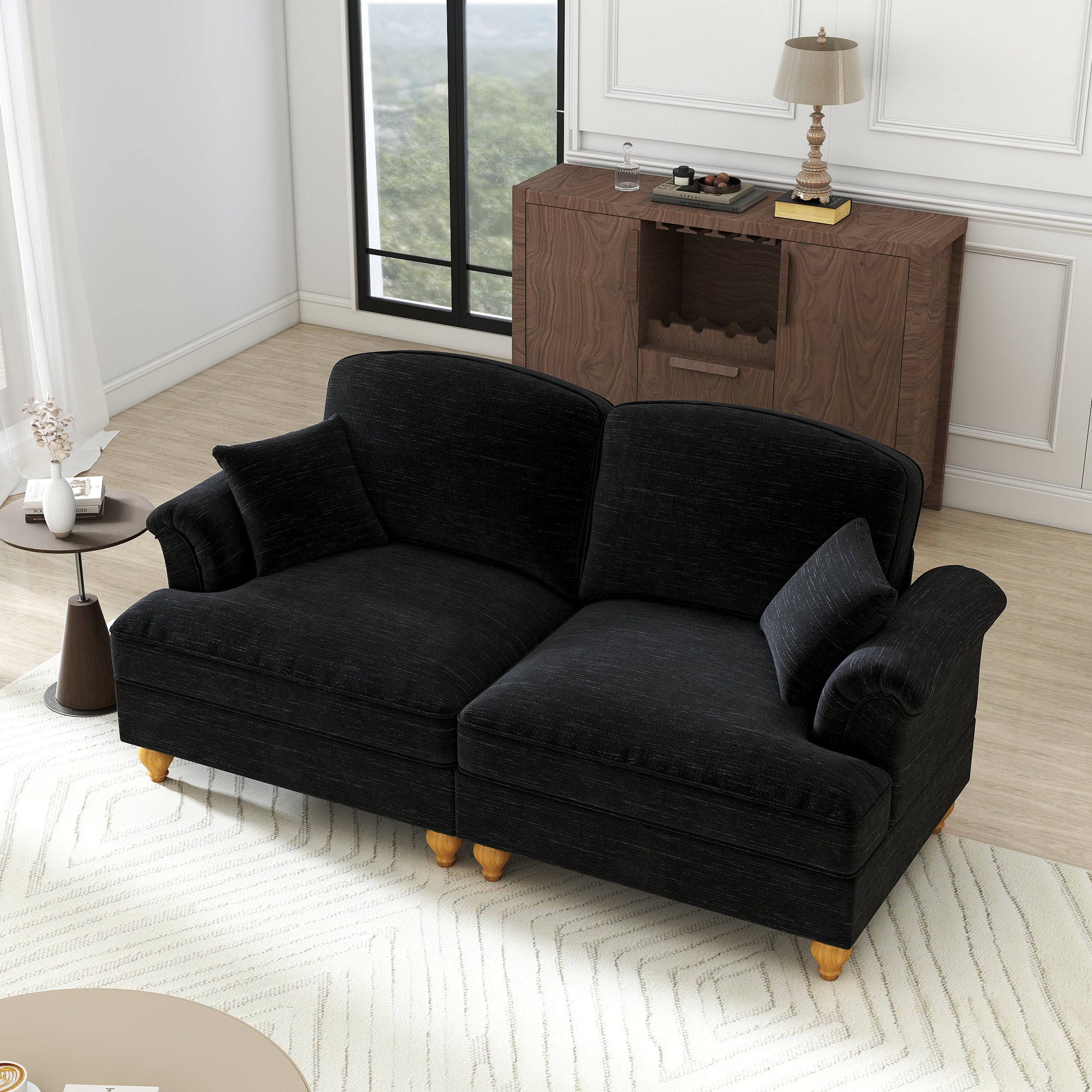 2-Seater Sofa, Medieval-Modern Style with Flared Armrests & Removable Valance, Black Chenille Fabric