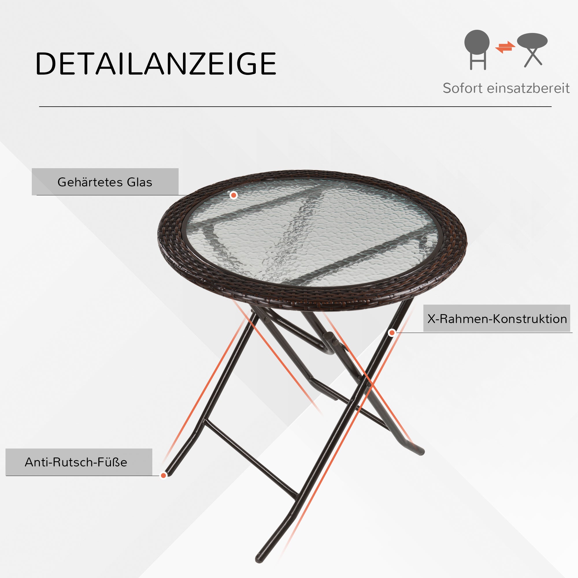 Camping Table Folding Round Ø68cm Rattan Steel
