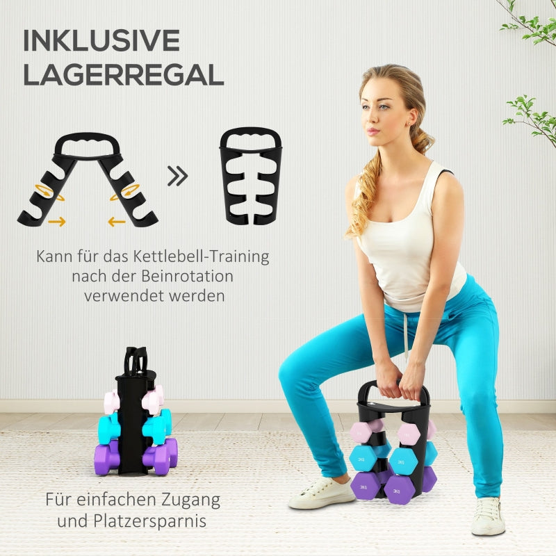 Dumbbell Set with Storage Rack, 6 Weights for Fitness Training (2x1kg, 2x2kg, 2x3kg)