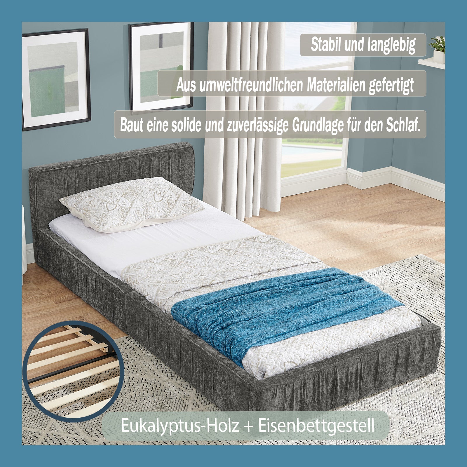 Single Bed 90x200cm Eucalyptus Wood Frame, Chenille Dark Grey