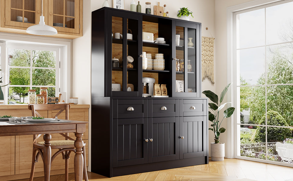 Minimalist Tall Display Cabinet with Drawers and Storage, Black