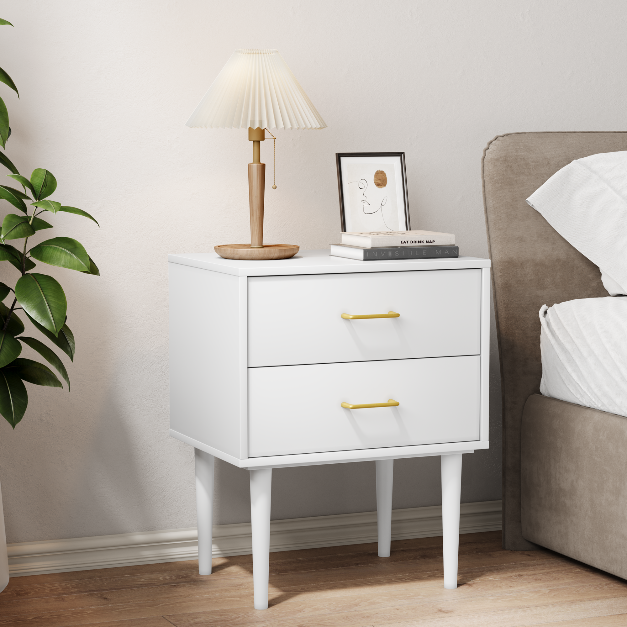 White bedside table with 2 drawers, bedroom nightstand, modern nightstand with wooden legs, 1 piece
