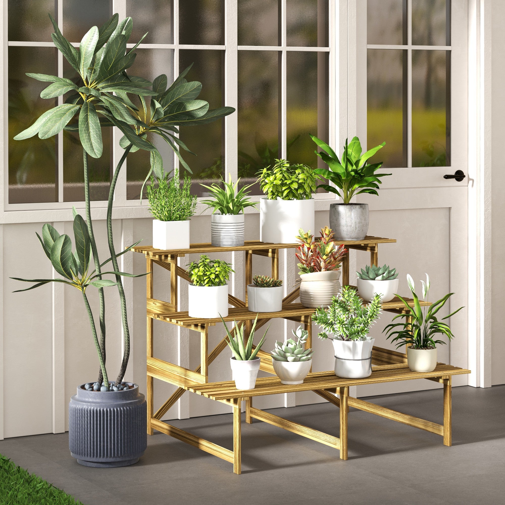 Plant Staircase Flower Shelf, 3 Steps, Fir Wood