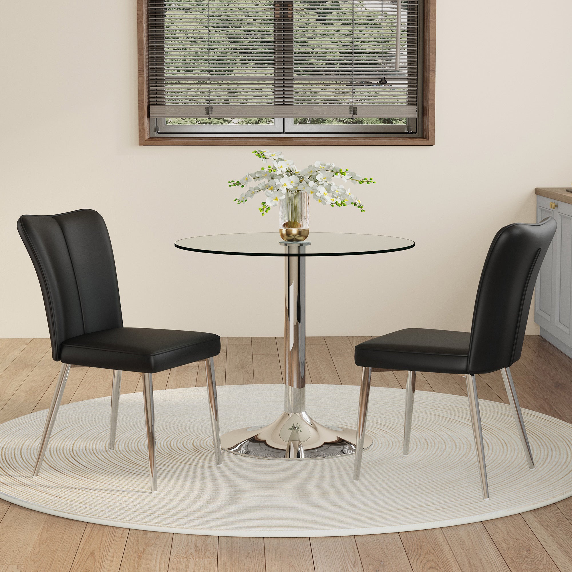Dining Table Set, 85 cm Tempered Glass Table with 2 Chairs, Black PU