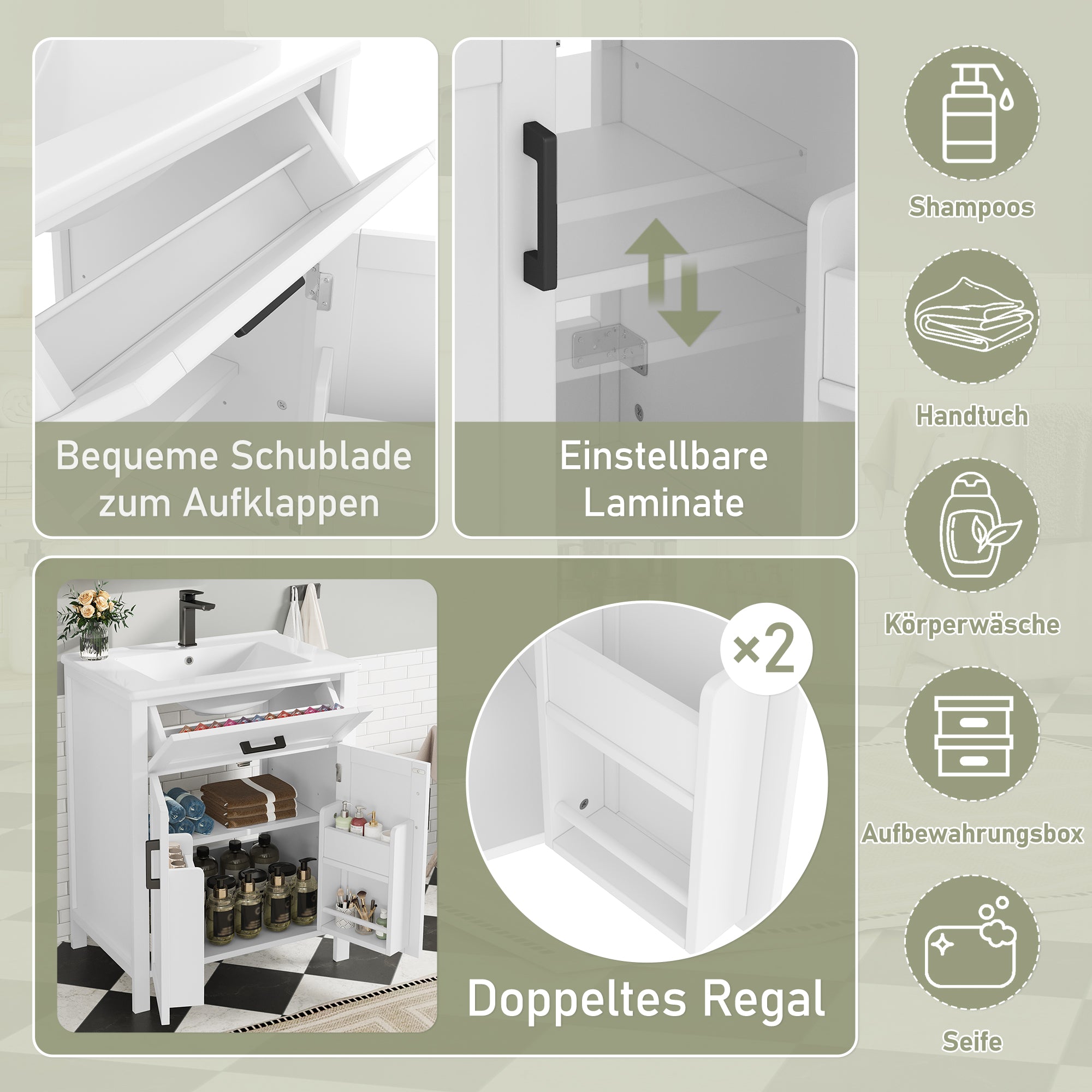 Bathroom Vanity Unit with Ceramic Sink and Adjustable Shelves, White