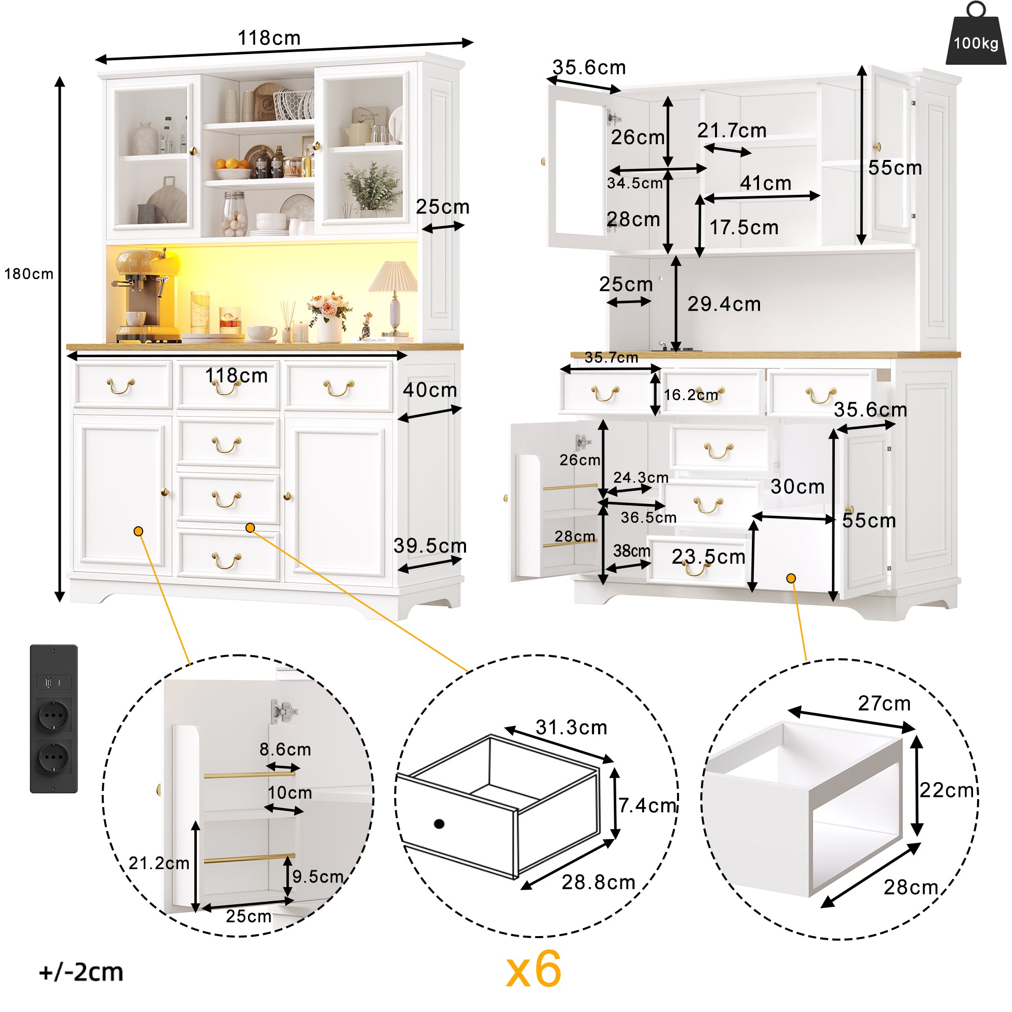 Tall Kitchen Cabinet Sideboard with USB Ports, Sockets and LED Lighting, White