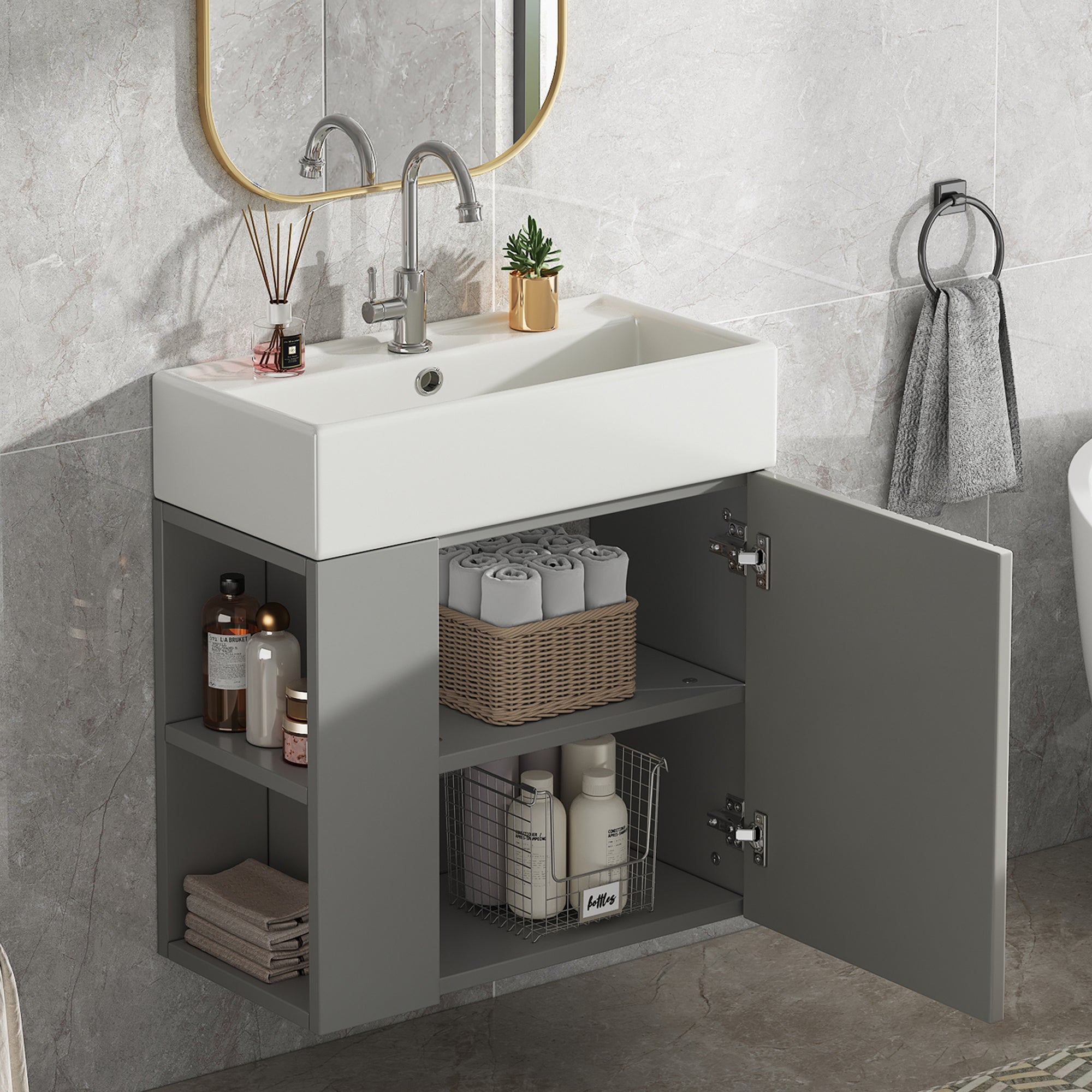 Bathroom Furniture Washbasin with Vanity Unit 55cm, Hanging, Light Grey