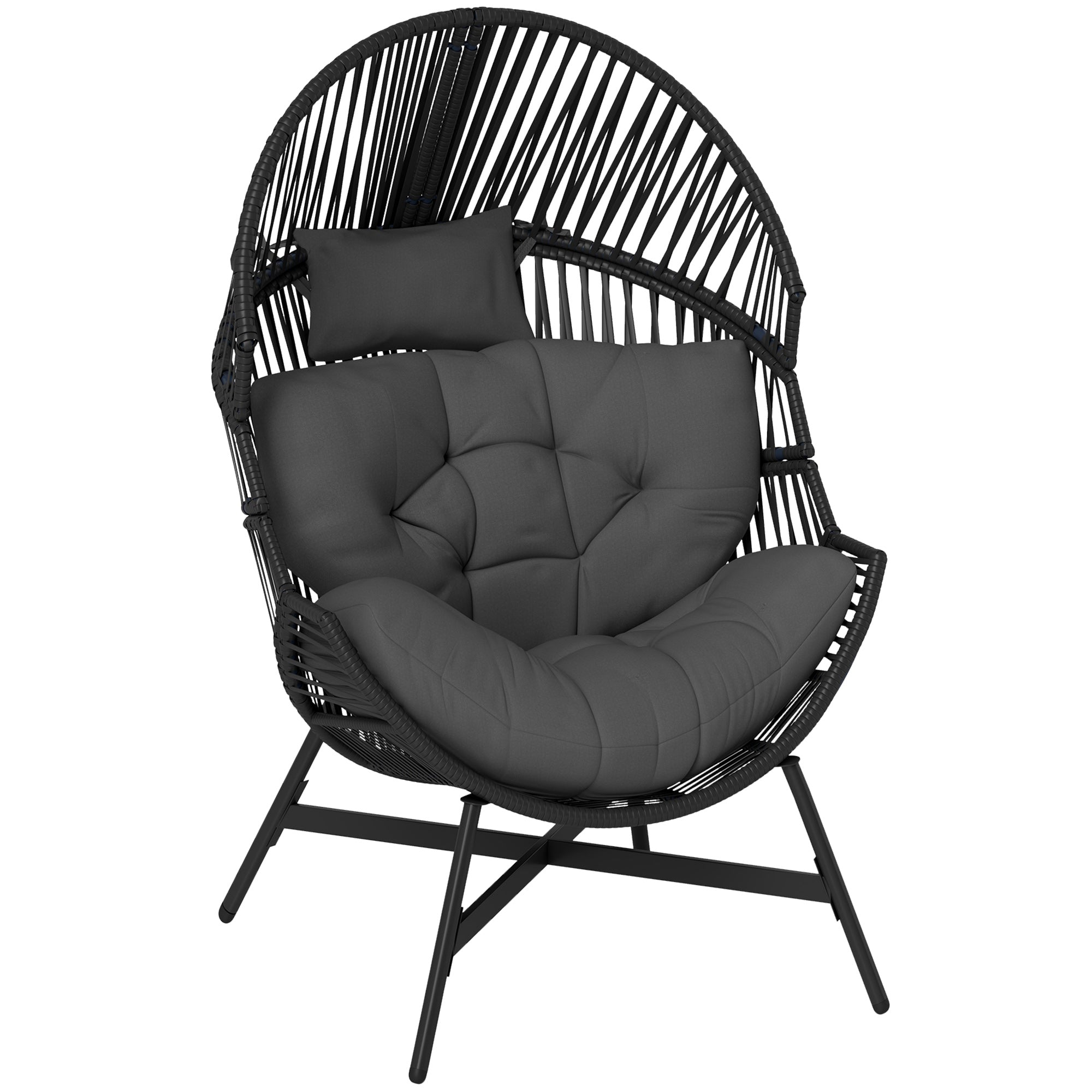 Rattan Egg Chair, Oversized Freestanding with Thick Tufted Cushion, Charcoal Grey