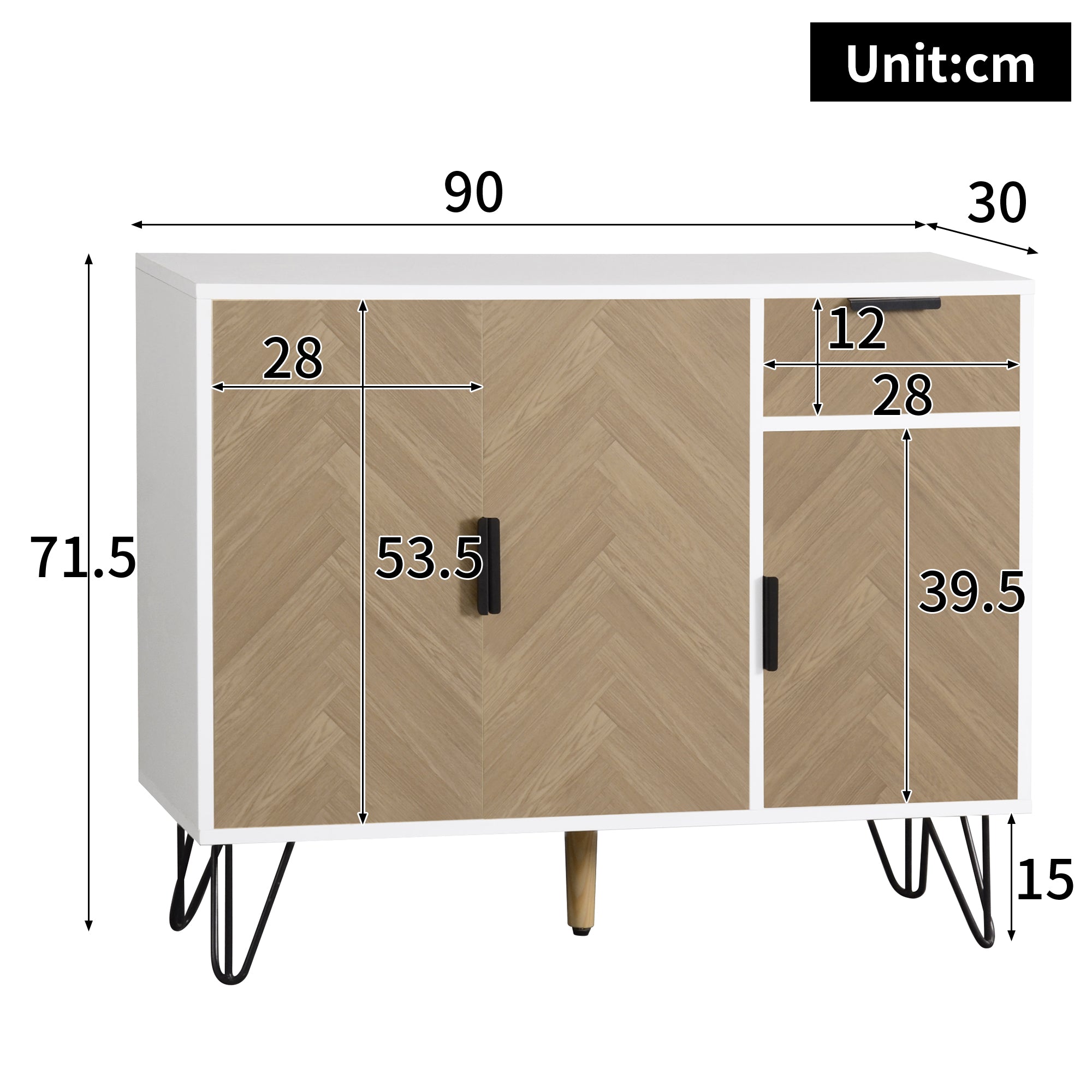 Modern storage cabinet, sideboard with drawer and adjustable shelves, white and wood look