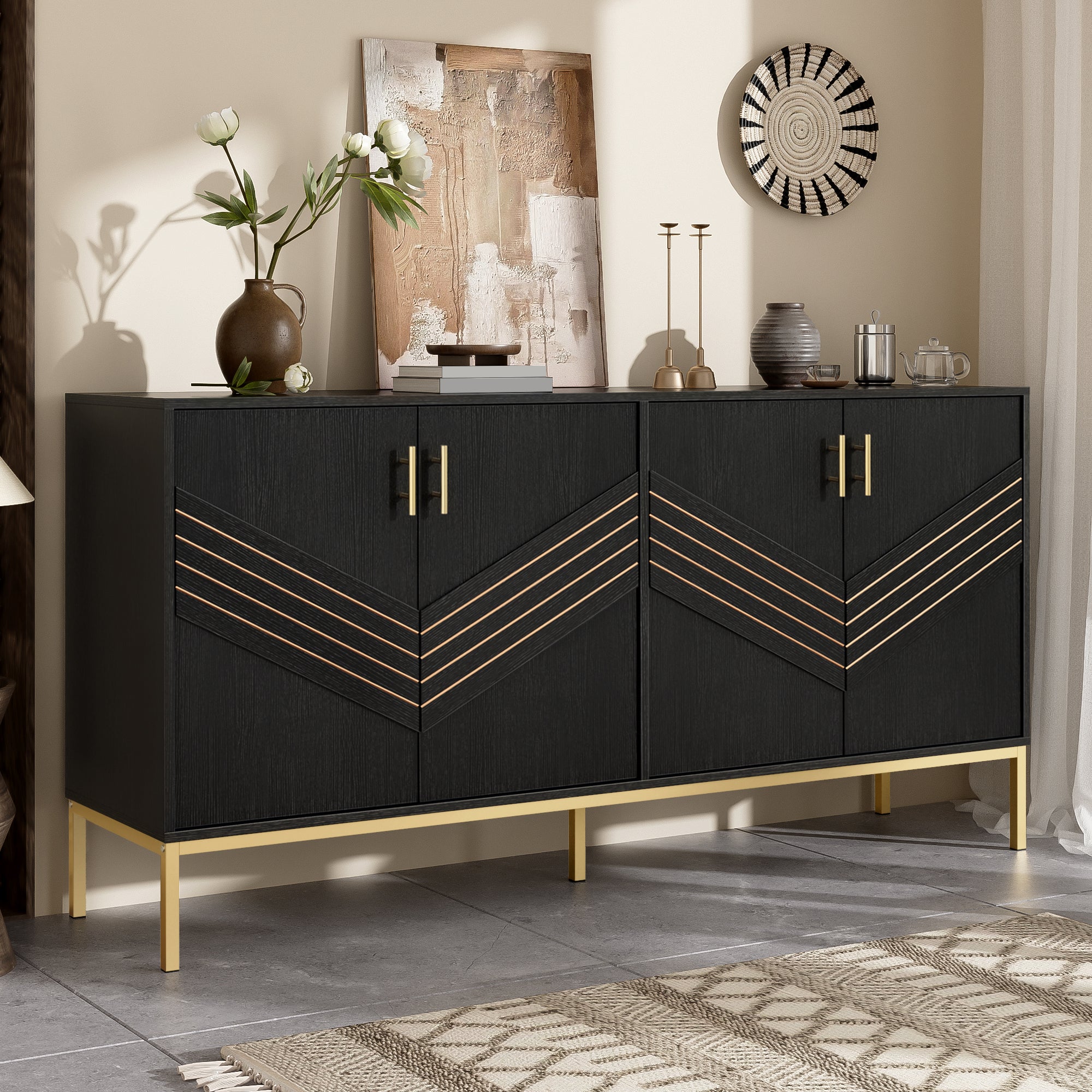 Sideboard, 4-Door Modern Large Capacity with Adjustable Shelves, Black and Gold MDF