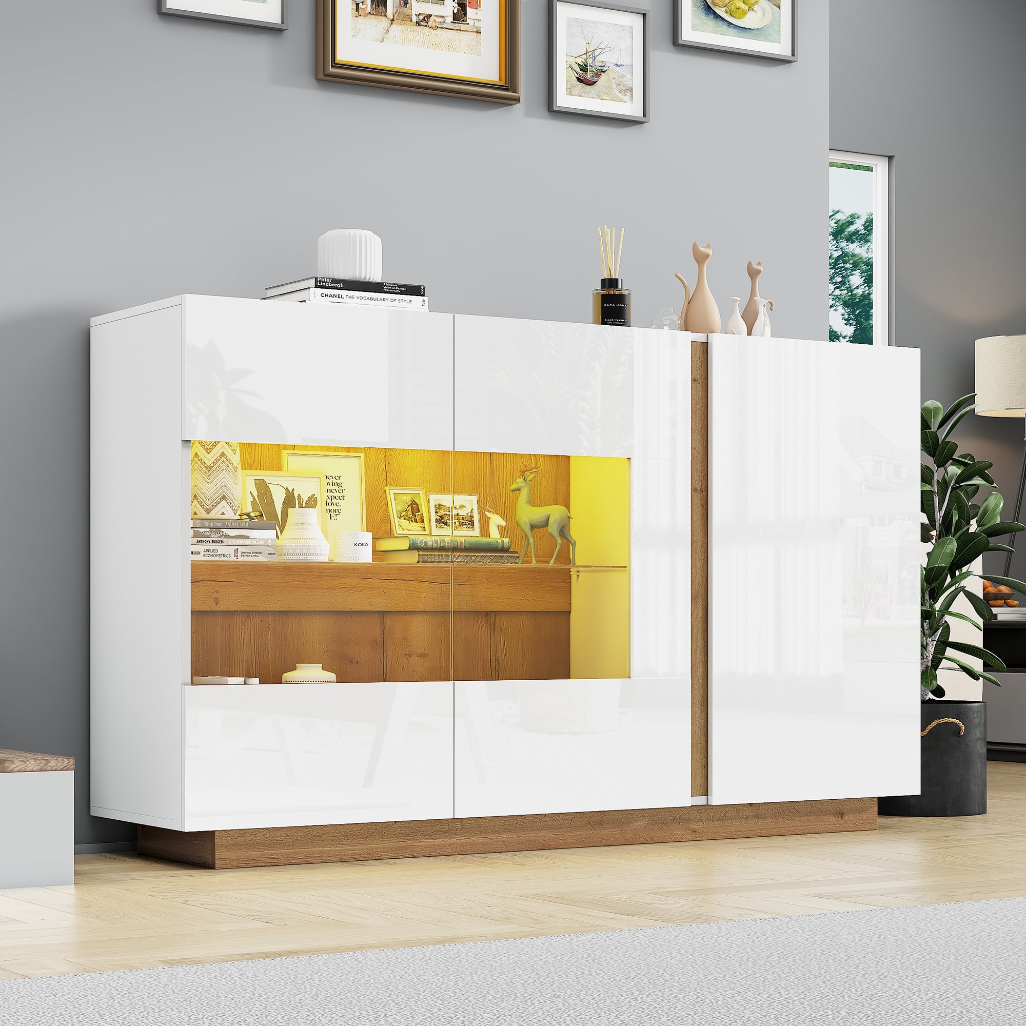 Sideboard High Gloss Chest of Drawers, White Chipboard with Glass