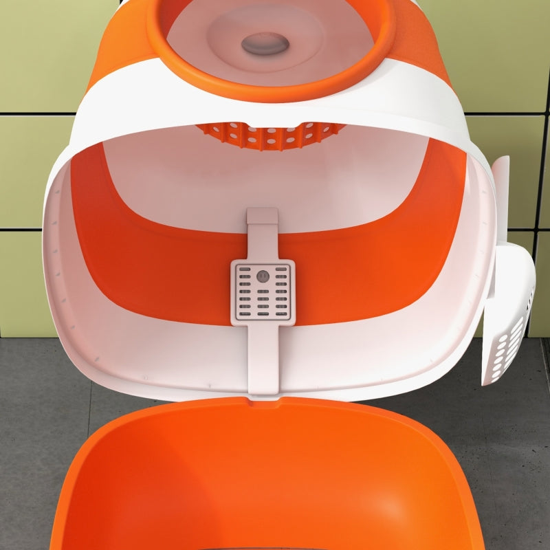 Cat Litter Box, with Lid and Scoop, White/Orange