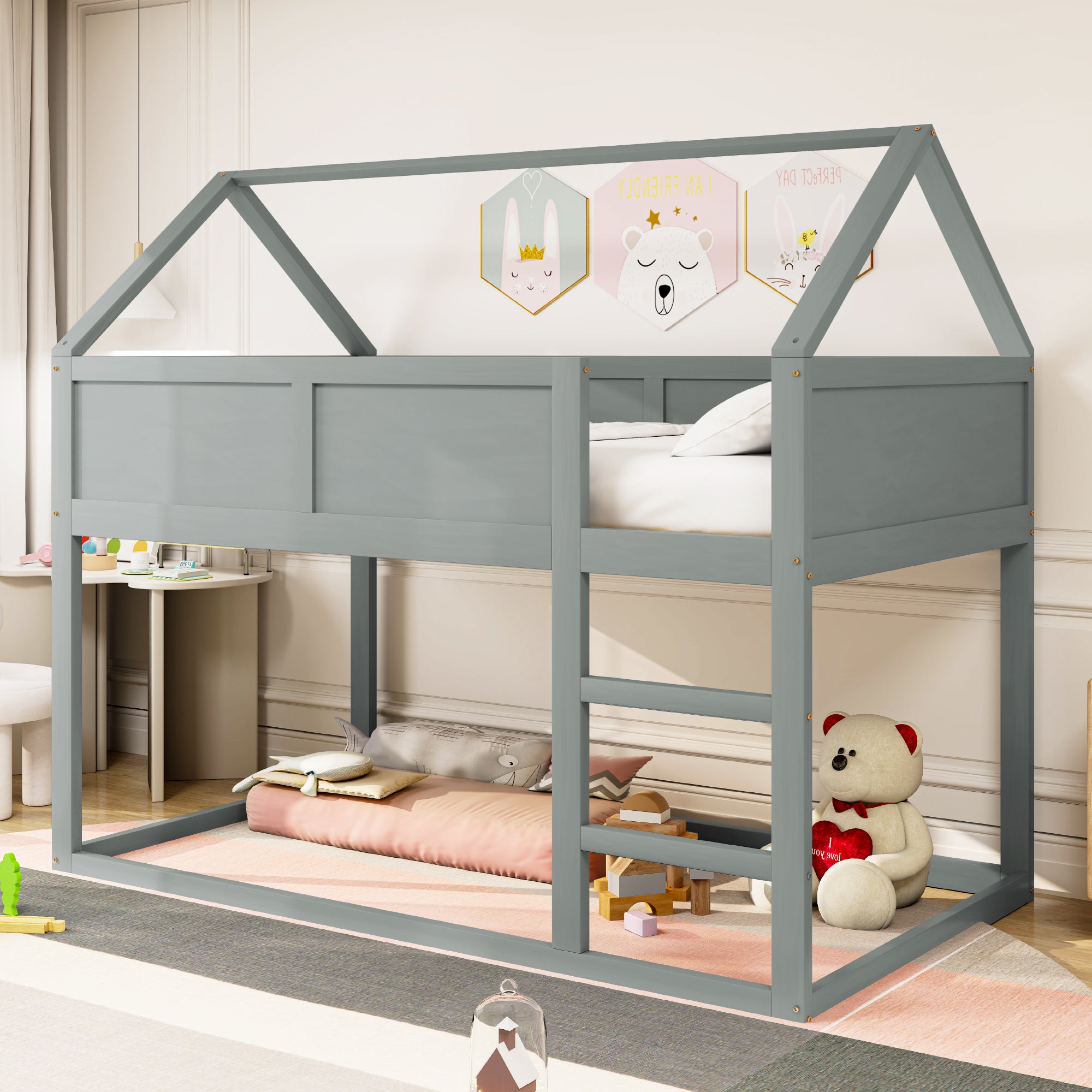 Bunk Bed, Low Single with Stairs, Solid Wood, Grey