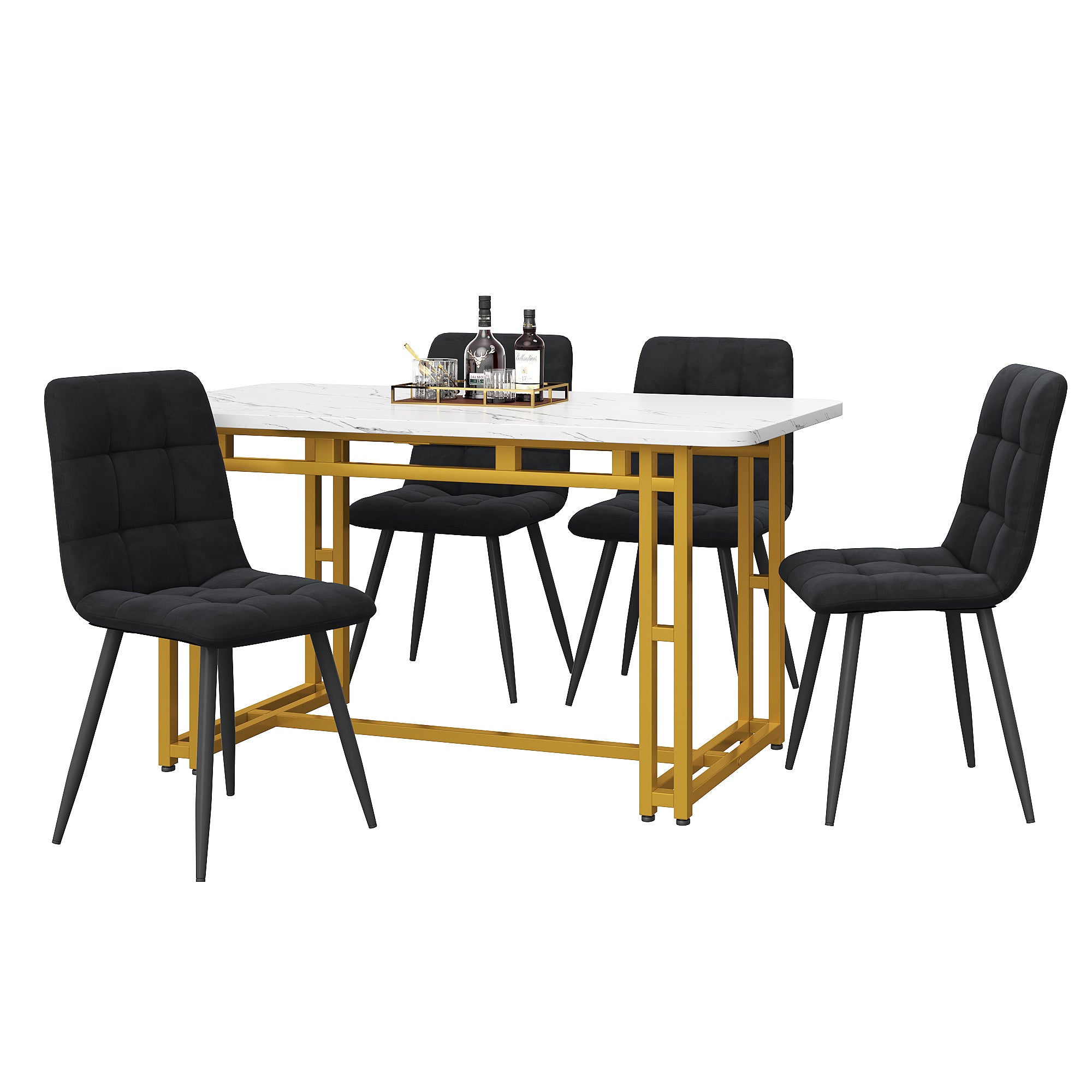 Dining Set 5-Piece 120x70cm Black Velvet Chairs, Golden Iron
