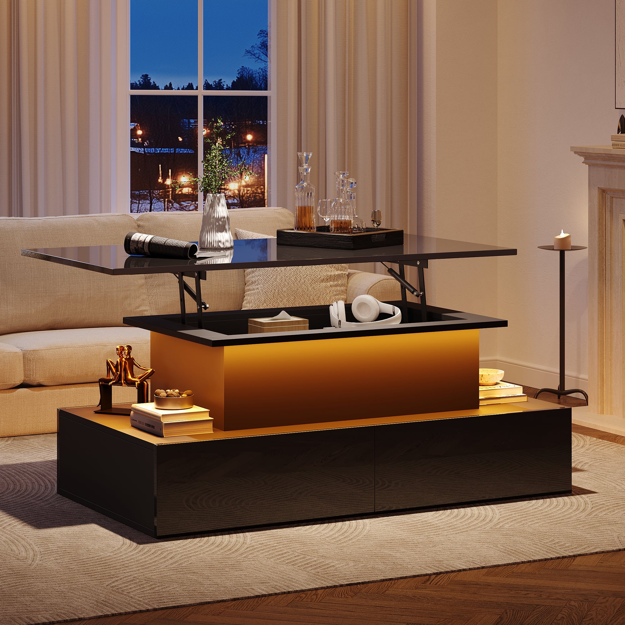 Coffee Table, LED Lit with 4 Drawers, Black High-Gloss