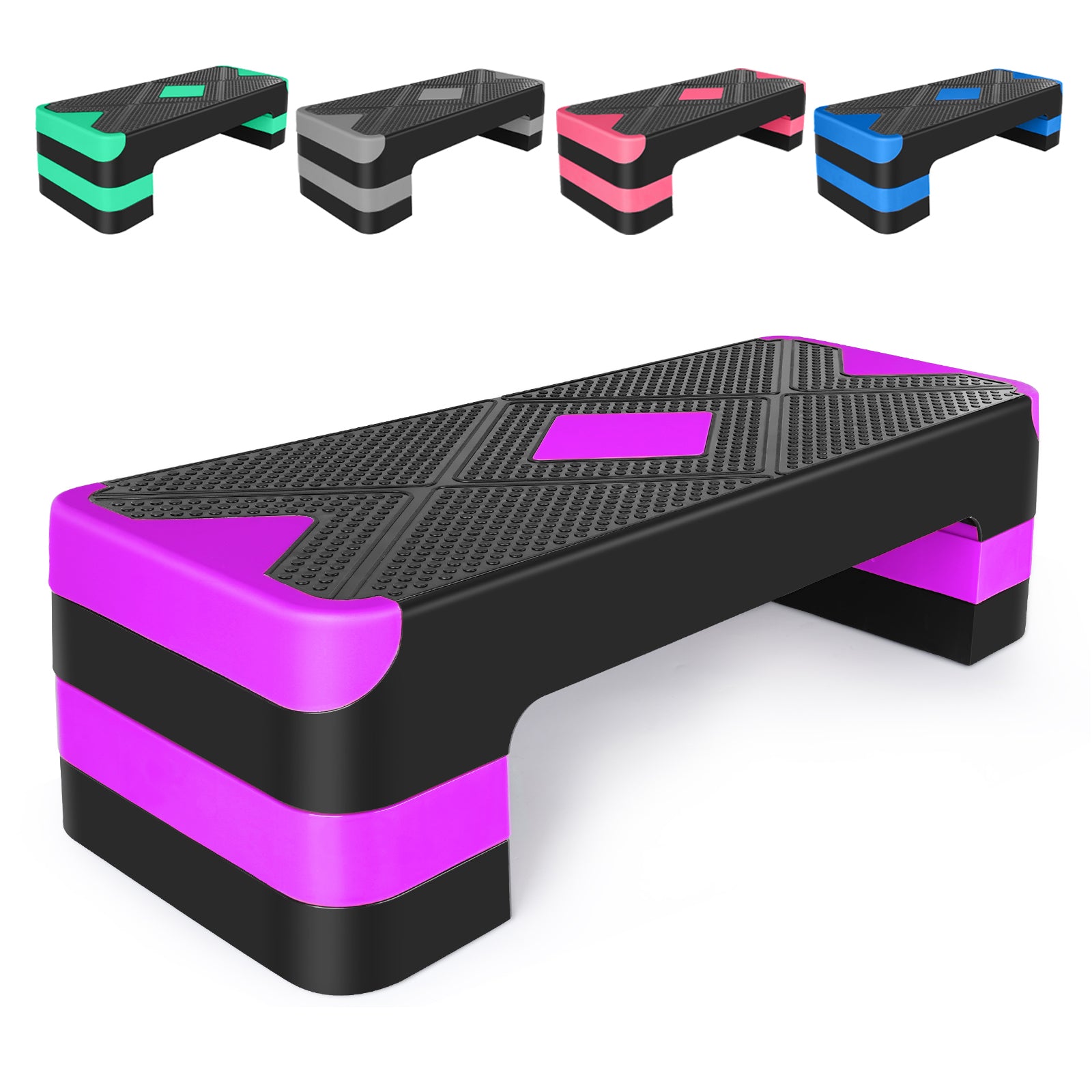Aerobic Exercise Step Adjustable Platform, 68.5cm/27" Deck, 3 Height Risers, Purple