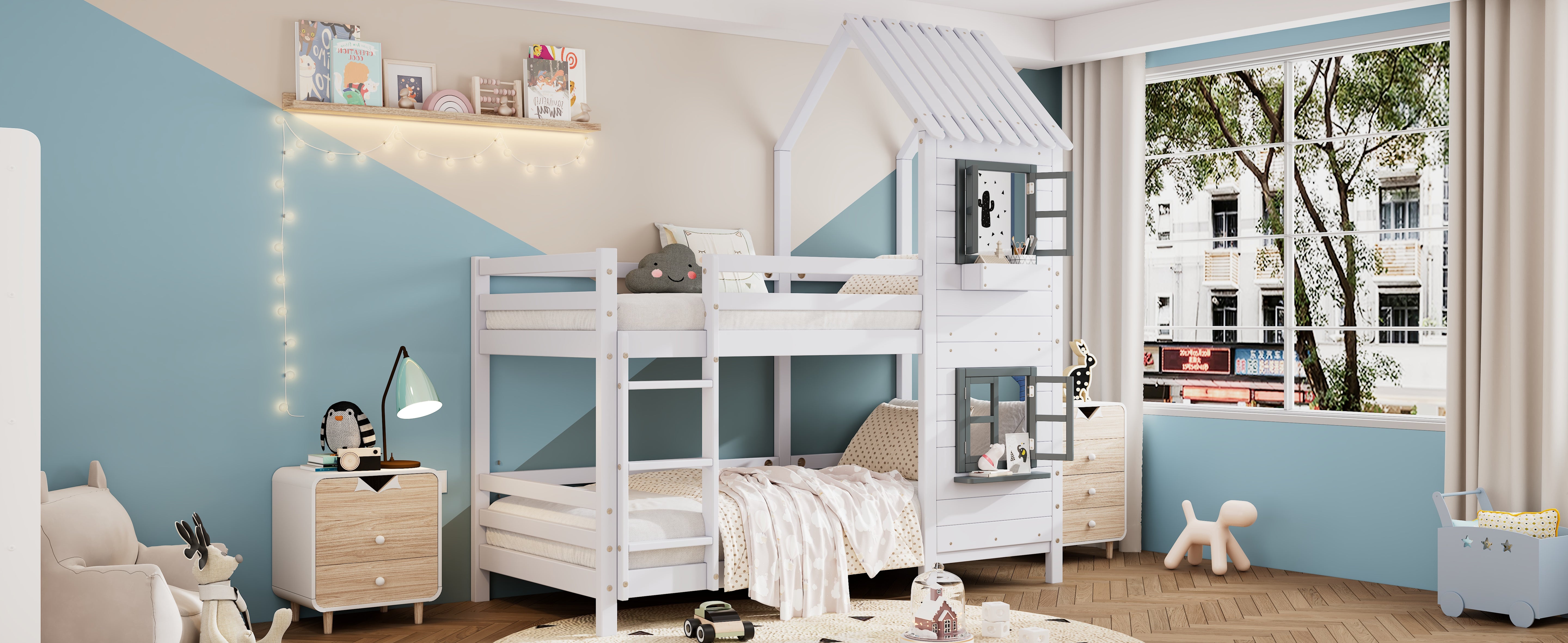 Bunk Bed, House Bed with Handrail & Window, Pine Frame, White