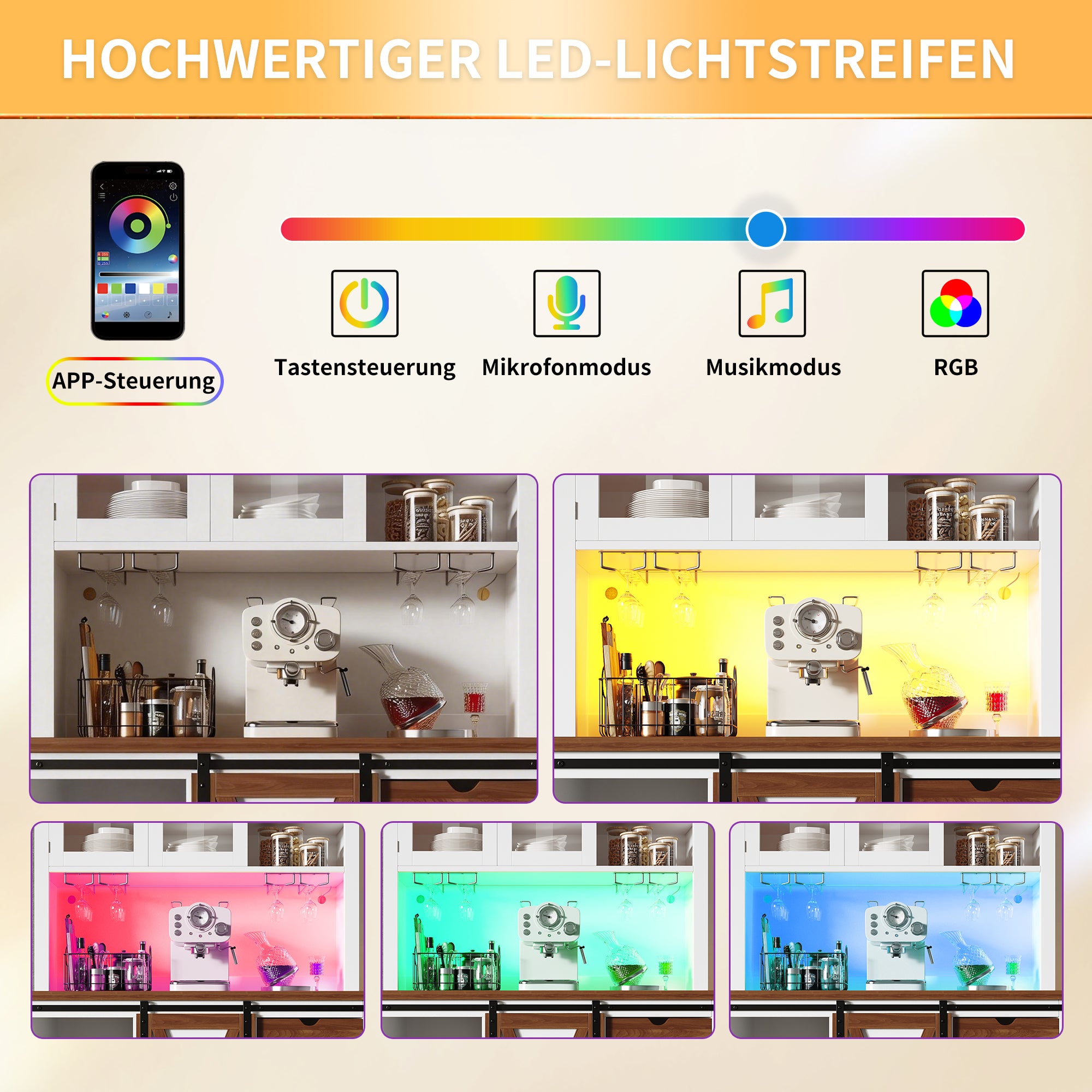 Modern Tall Cabinet with LED Lighting, App Control and Sliding Door, White
