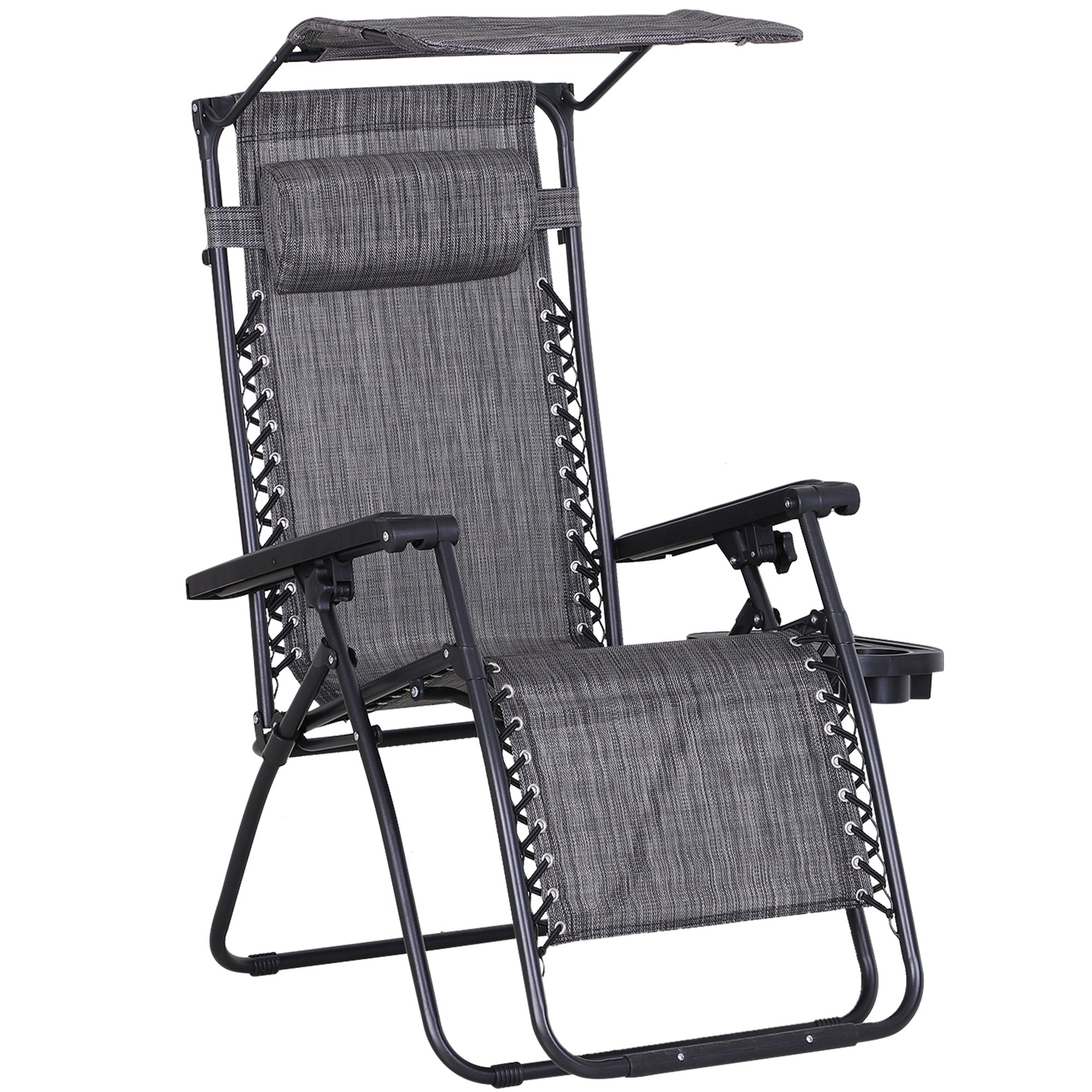 Foldable Reclining Zero Gravity Sun Lounger with Headrest, Footrest, Cup Holder & Canopy Shade, Grey