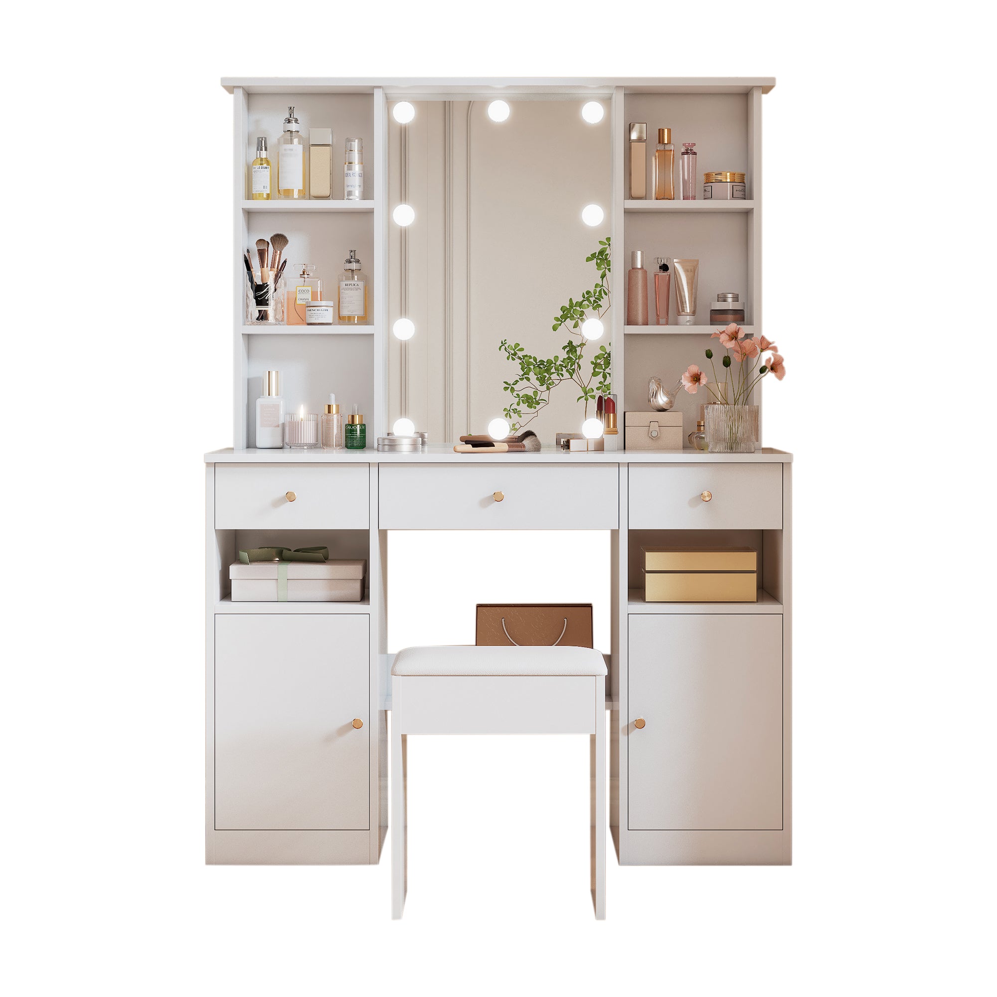 Dressing Table with LED lighting, Mirror, Stool, 3 Drawers, 2 Doors, White