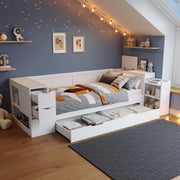 Children's Daybed 90x200cm Multifunctional Single Bed with Storage Drawers Shelves and Bedside Table White