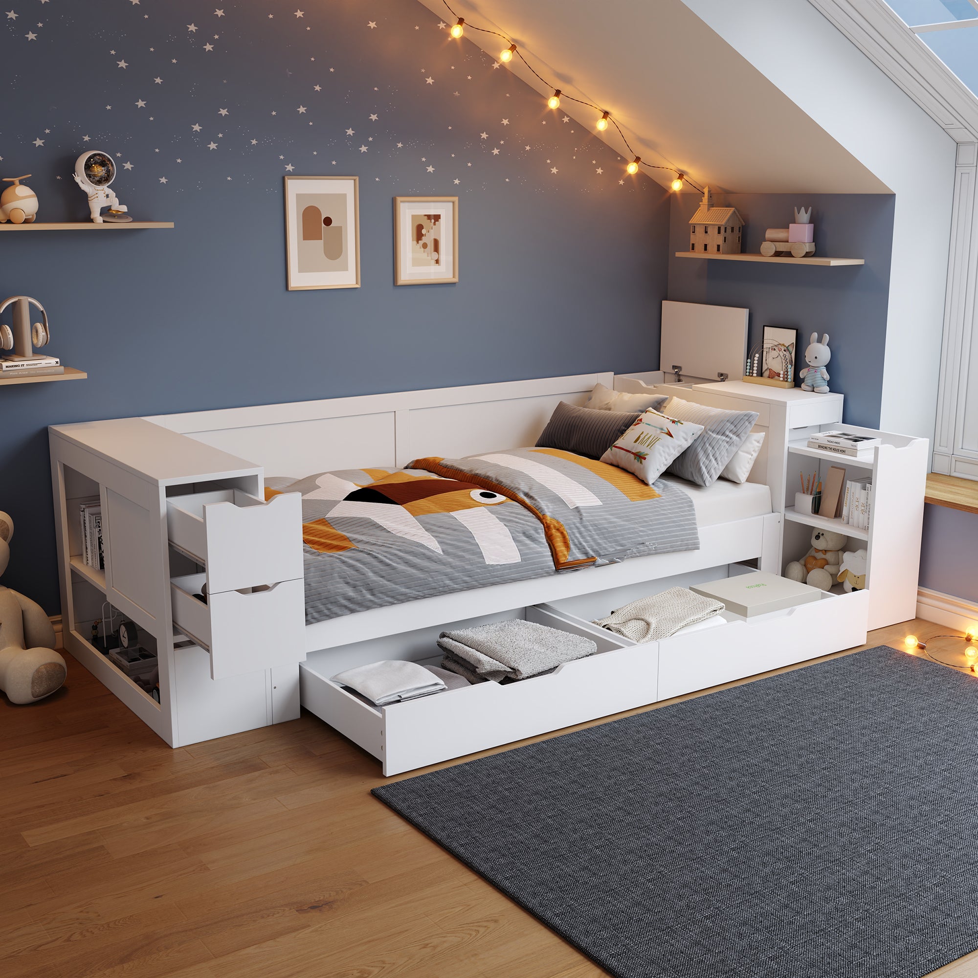 Children's Daybed 90x200cm Multifunctional Single Bed with Storage Drawers Shelves and Bedside Table White