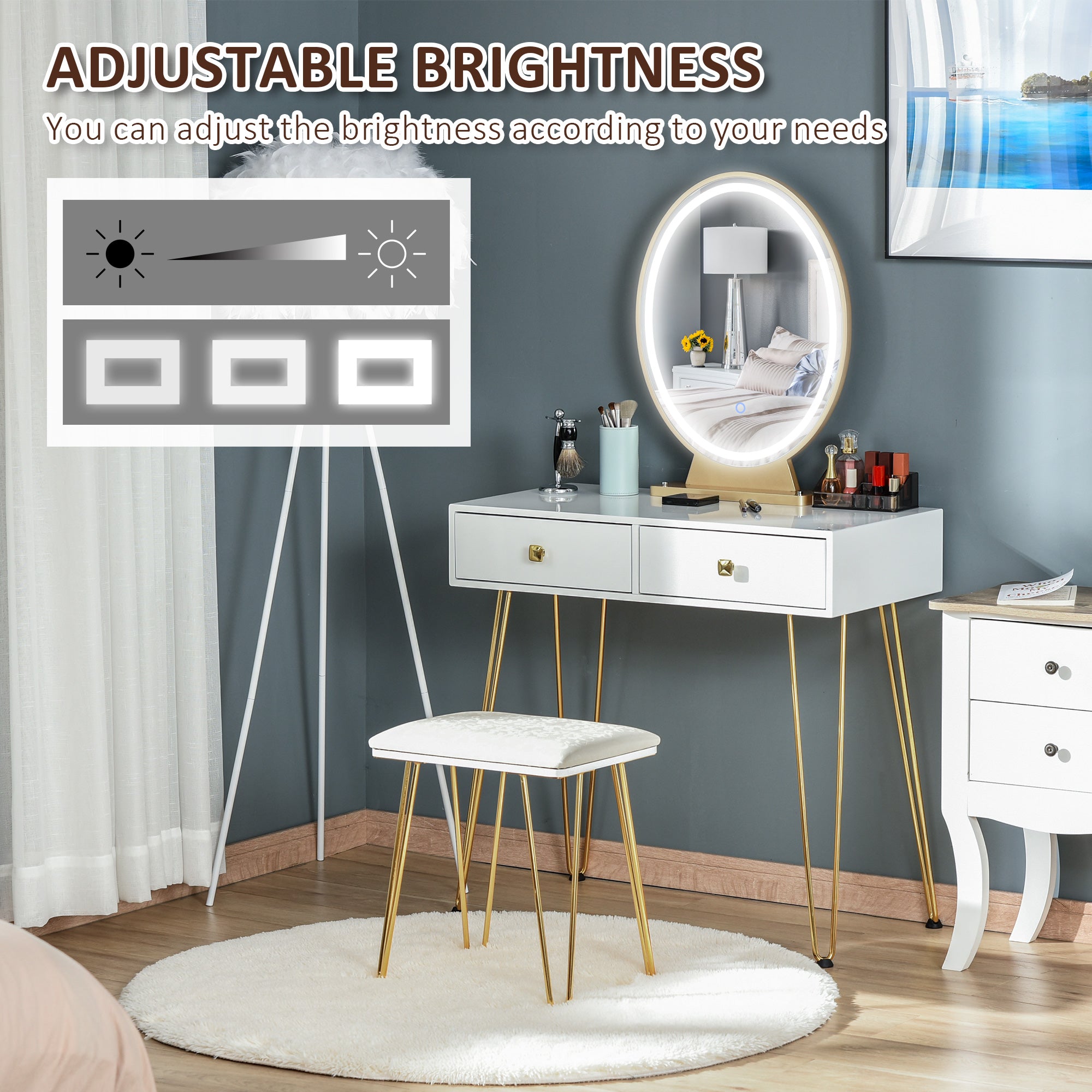 Dressing Table Set with LED Light, Round Mirror, 2 Drawers, Cushioned Stool, White