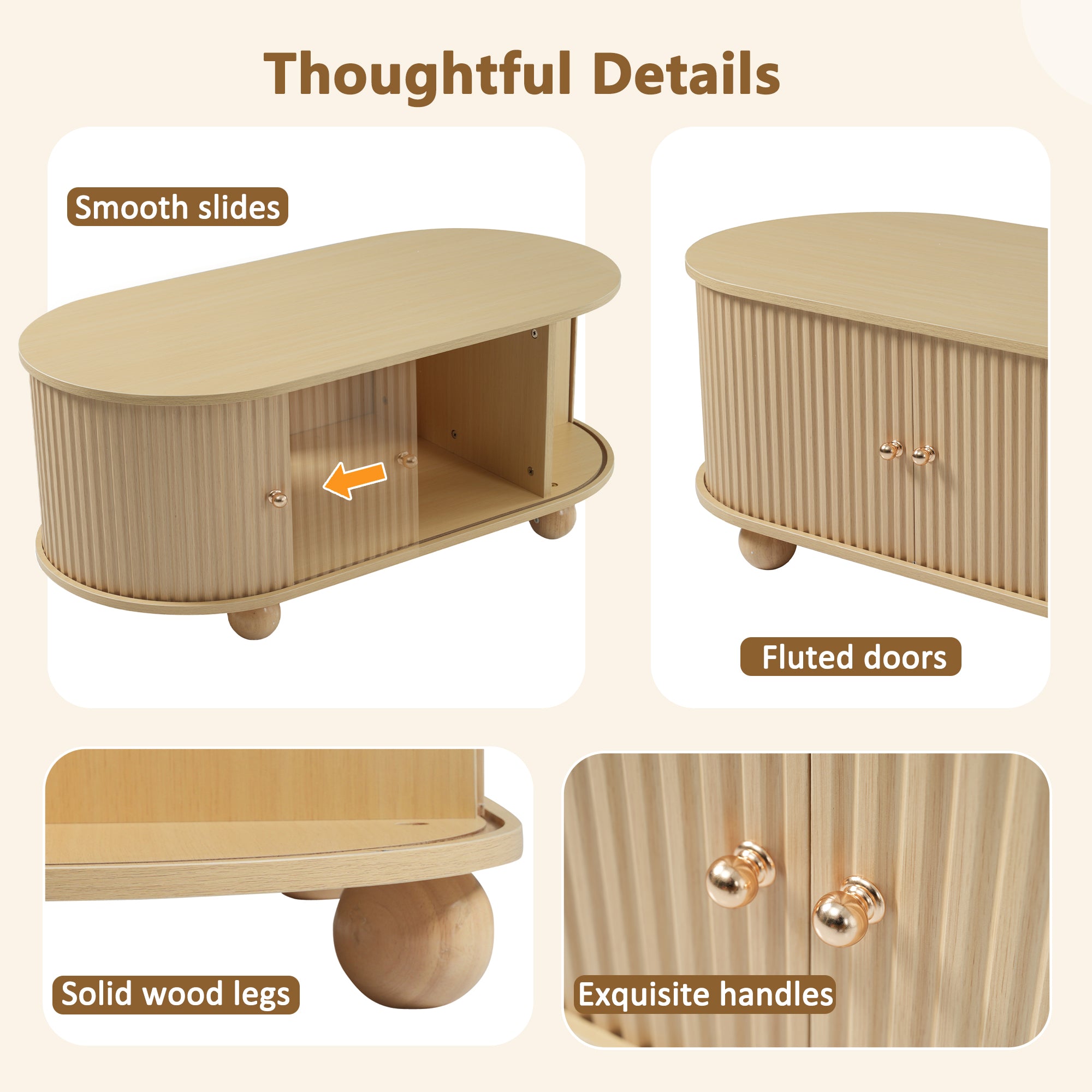 Oval Coffee Table with Storage and Sliding Doors, Multifunctional, Wood Colors