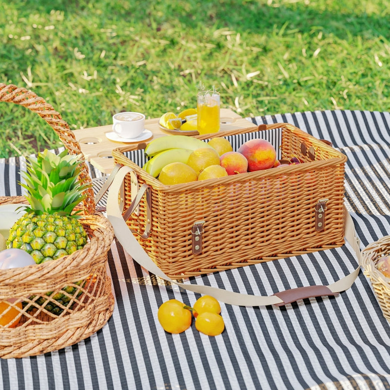 Picnic Basket for 4 with Blanket & Cutlery Set, Wicker Light Brown