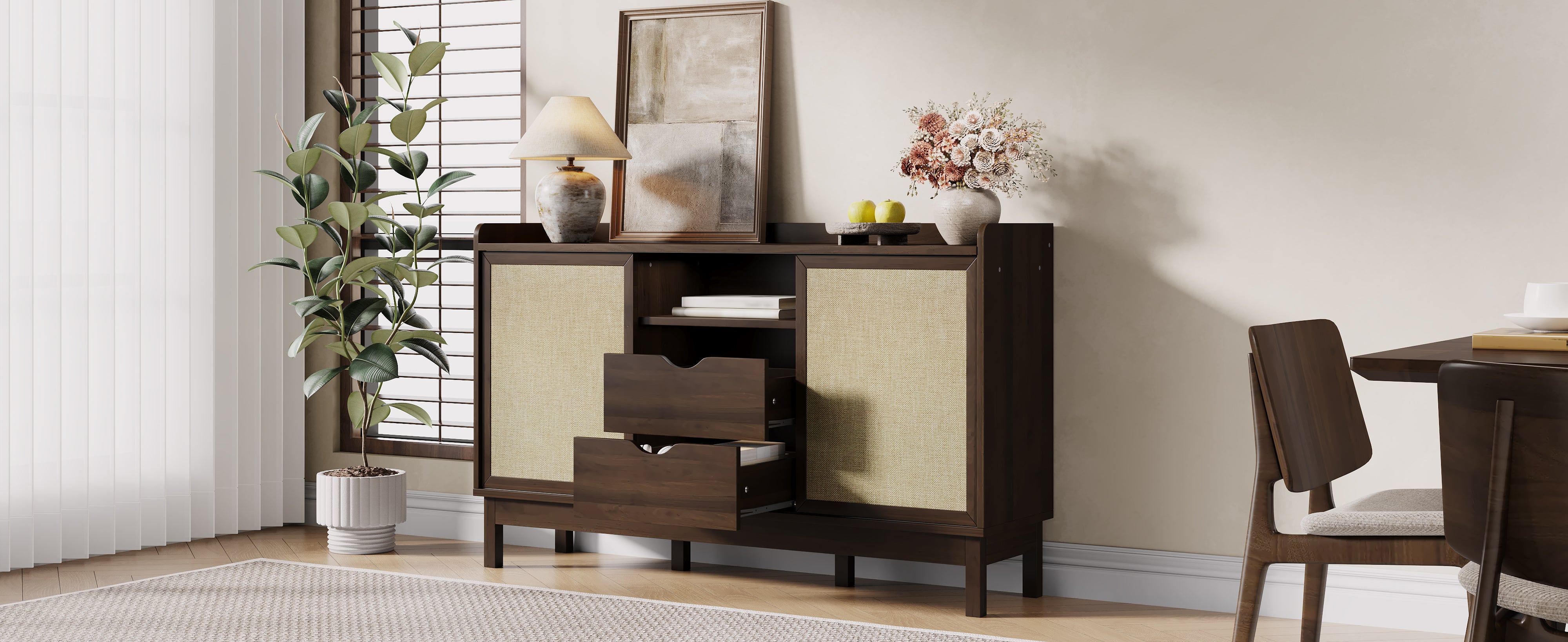 Sideboard Sliding Doors Double Drawers Multifunctional Storage