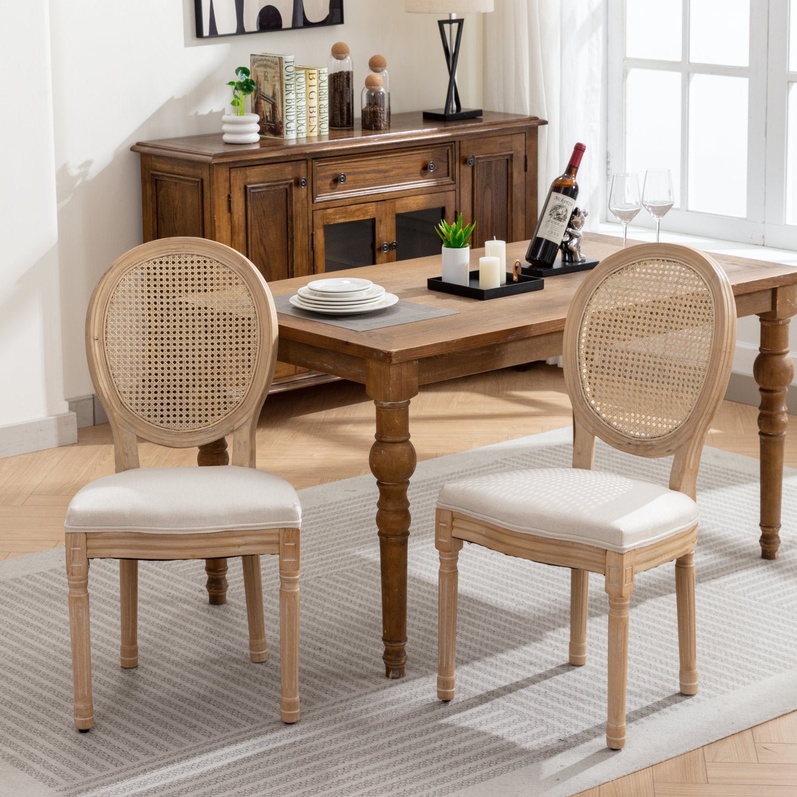 French Style Dining Chair Set of 2 Rattan Back Solid Wood Linen Fabric, Cream/Beige