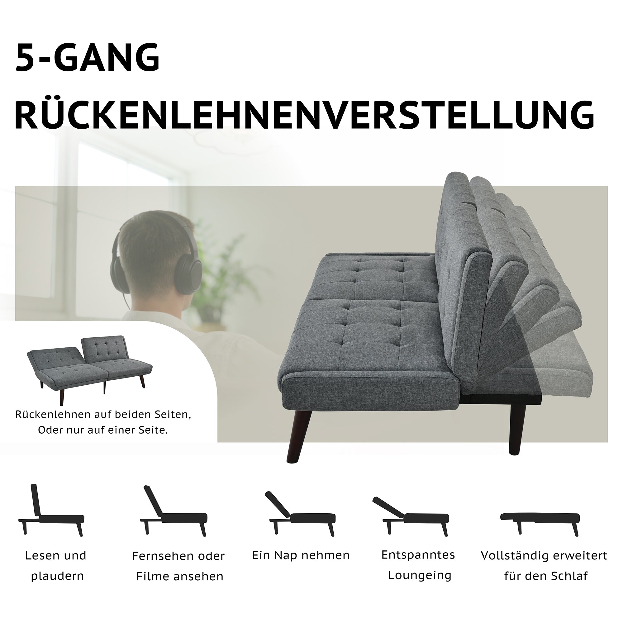 Foldable Futon Sofa Bed 146cm 5-Position Adjustable Backrest - Grey